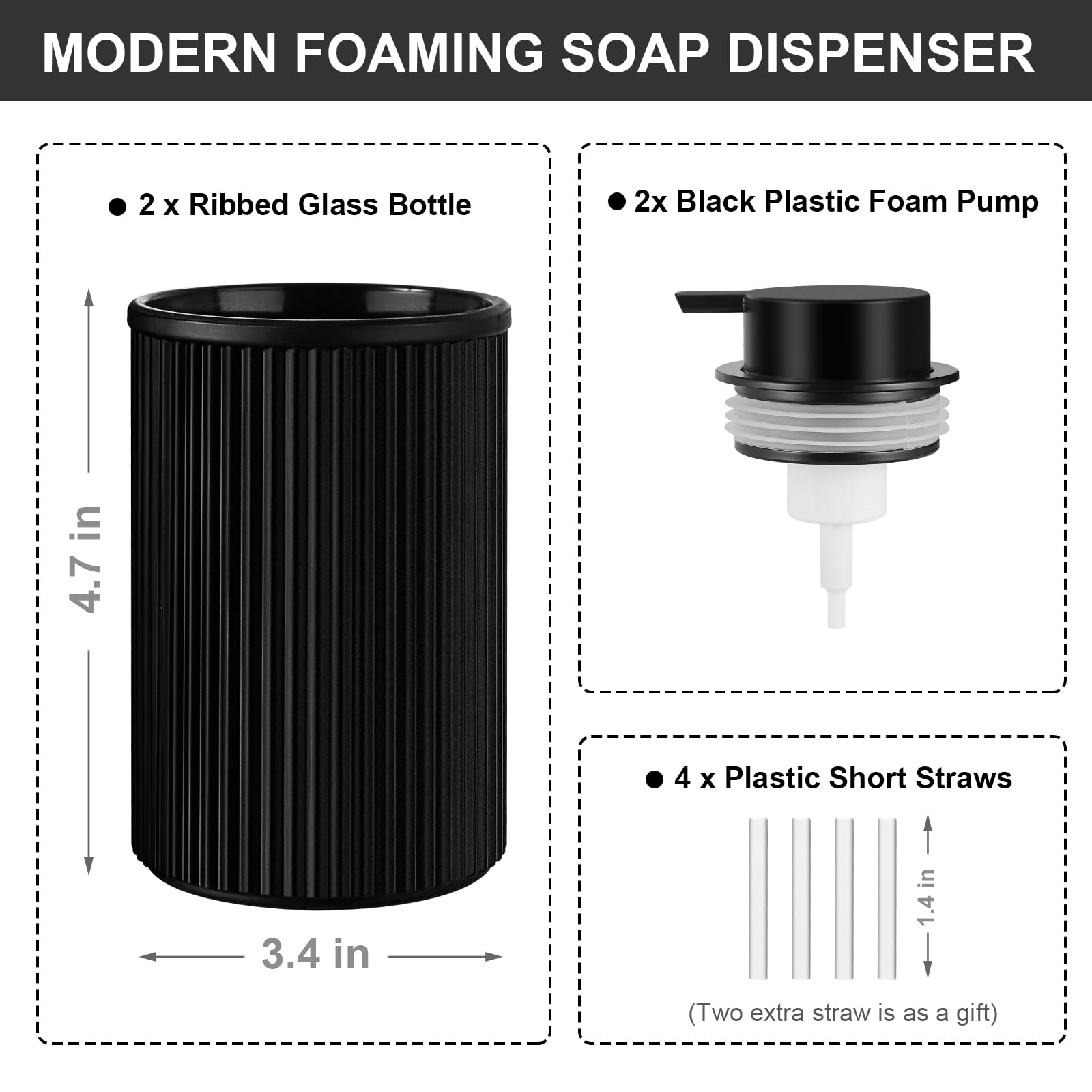 Matte Black Foaming Soap Dispenser, 2 Pack Ribbed Glass Foam Hand Soap Dispenser For Bathroom, 15 Oz Refillable Foaming Pump Bot