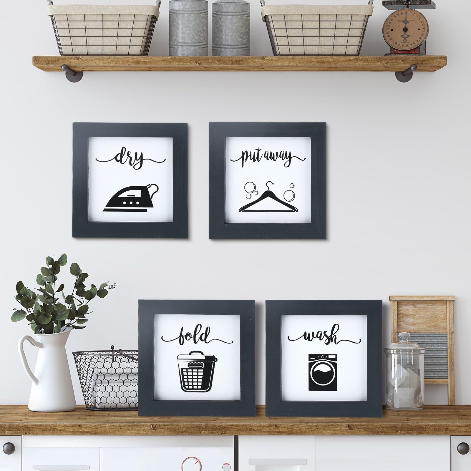 Laundry Sign Set of 4 Rustic Handmade Wood Wash Dry Fold Put Away Laundry Signs Wall Decor Wall Hanging Art Decor Wood Signs for