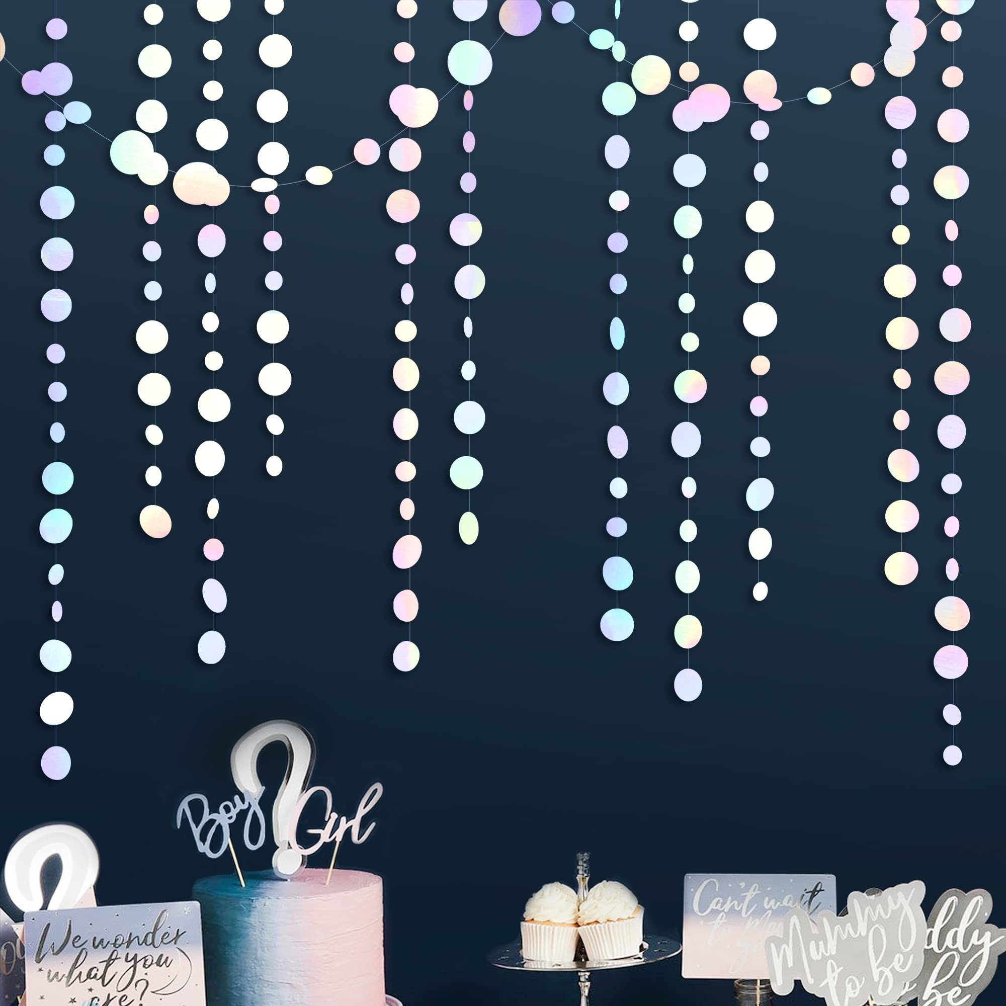 46 Ft White Iridescent Circle Dots Garland Hanging Holographic Polka Dots Streamer For Birthday Bachelorette Engagement Wedding