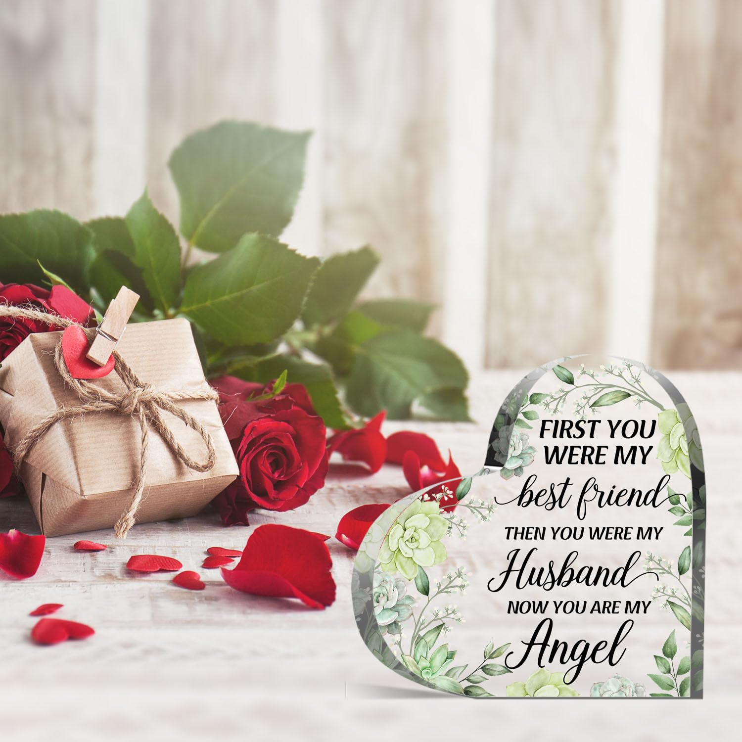 QUPT In Memory of Husband Acrylic Heart Plaque, Bereavement Condolences Grief Plaque, Funeral Remembrance Decor Ornament Sign