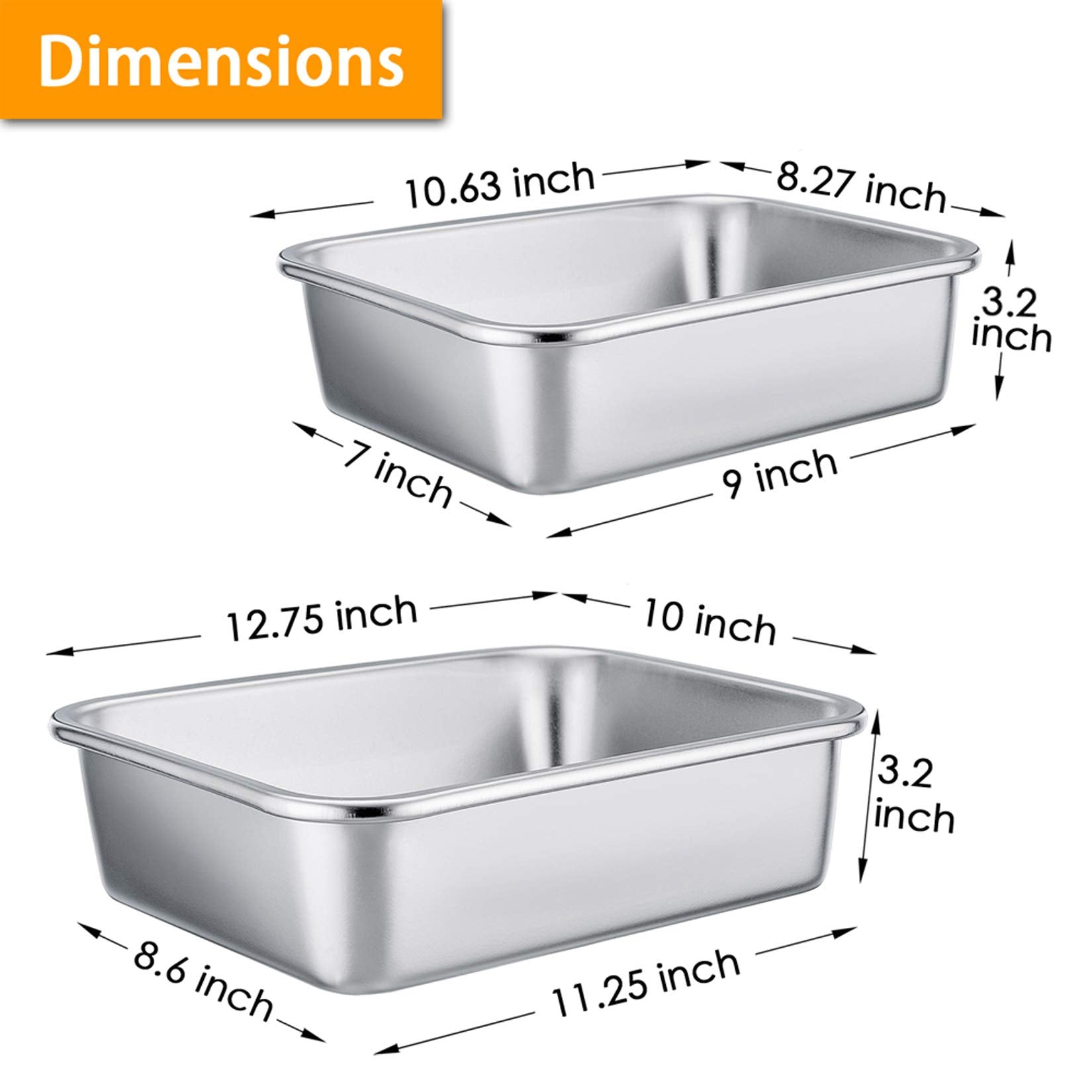 P&P Chef Deep Lasagna Pan Set (12.7 & 10.7 Stainless Steel Rectangular Baking Pan For Brownie/Cake/Meat, Non-Toxic & Heavy Duty,