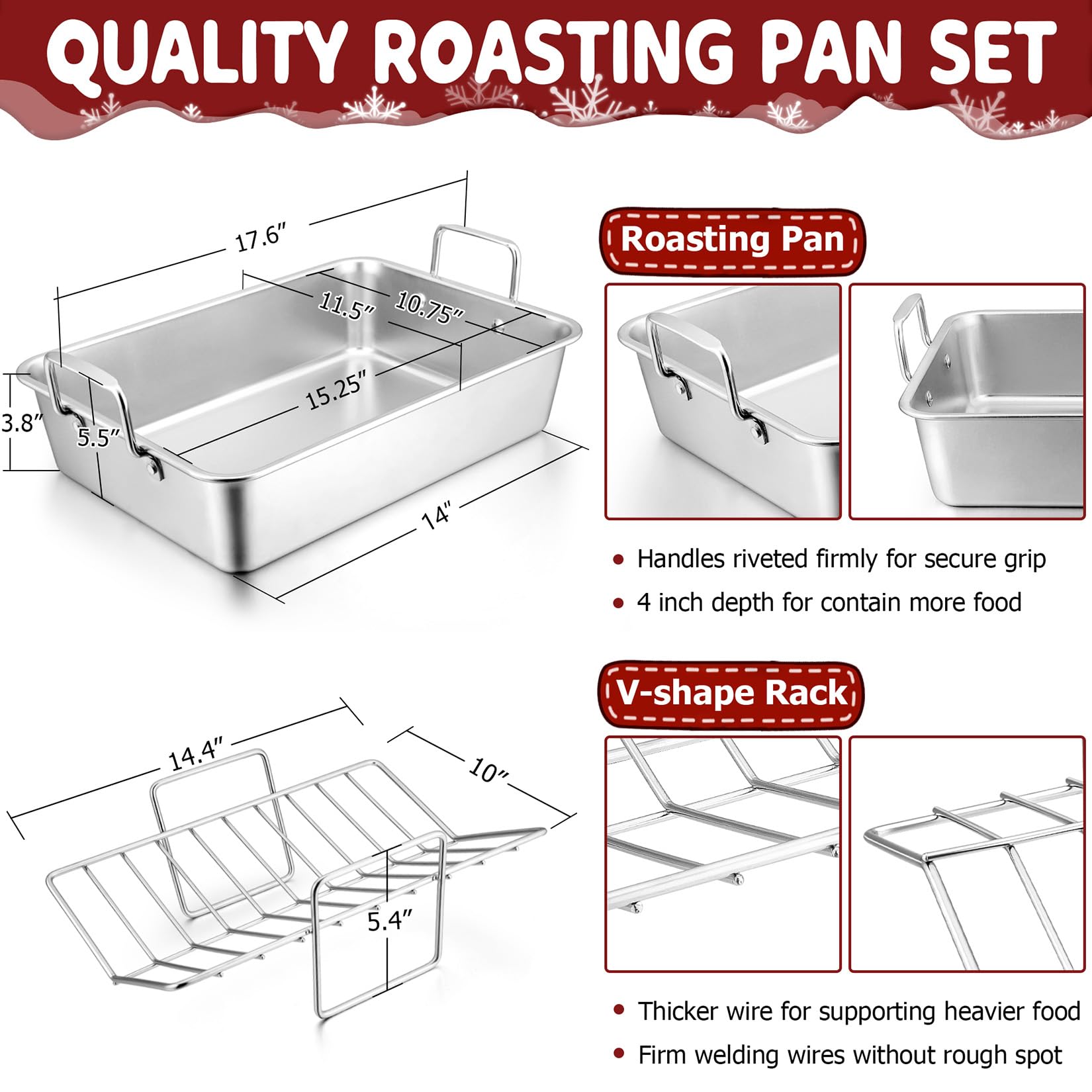 Large Turkey Roasting Pan With Rack, Joyfair 15.3 Inch Stainless Steel Chicken Roaster Pan And V-Rack For Oven, Rectangular Bake