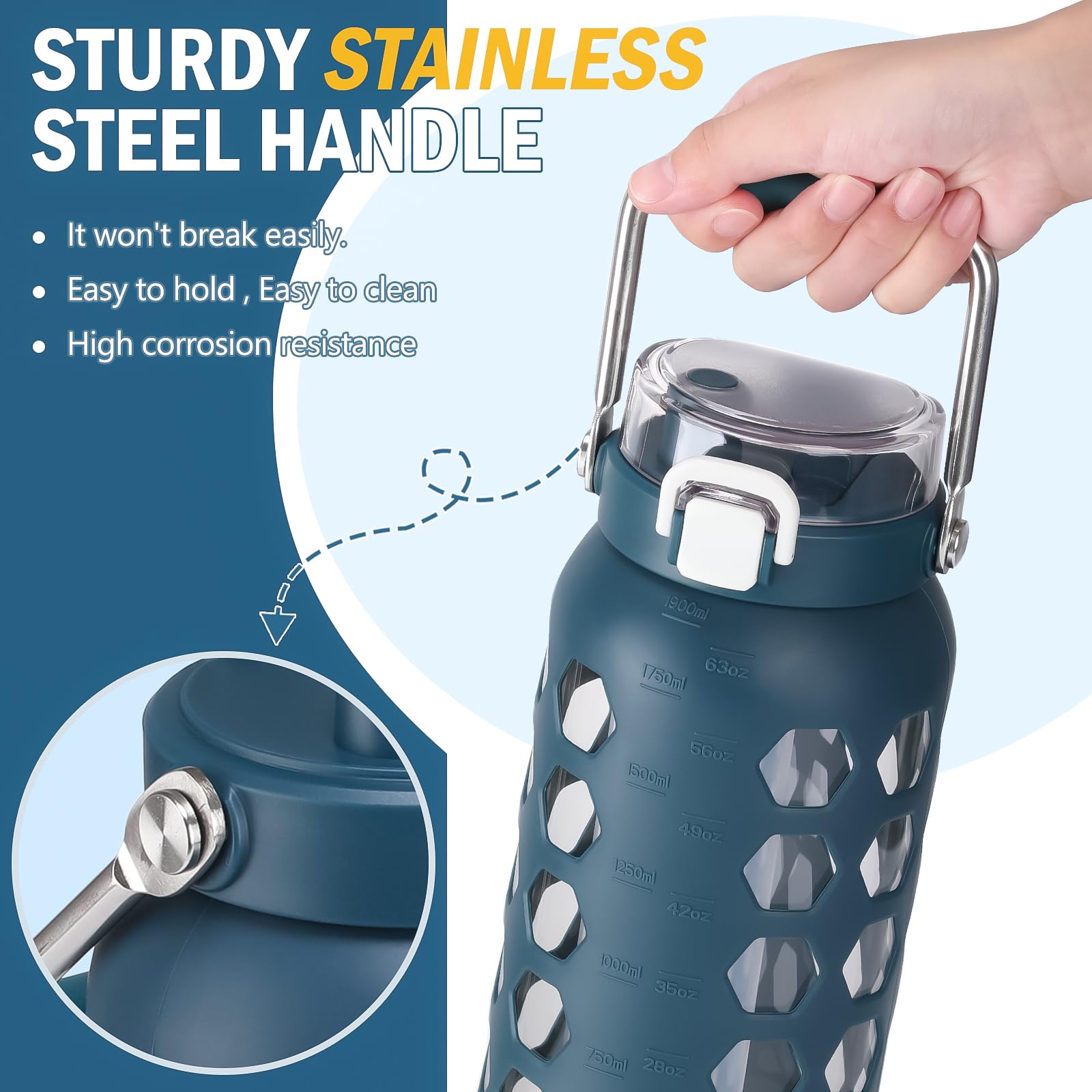 Mukoko 64Oz Glass Water Bottles With Straw And Lid,Half Gallon Water Bottle With Time Marker,Large Glass Water Jug With Silicone