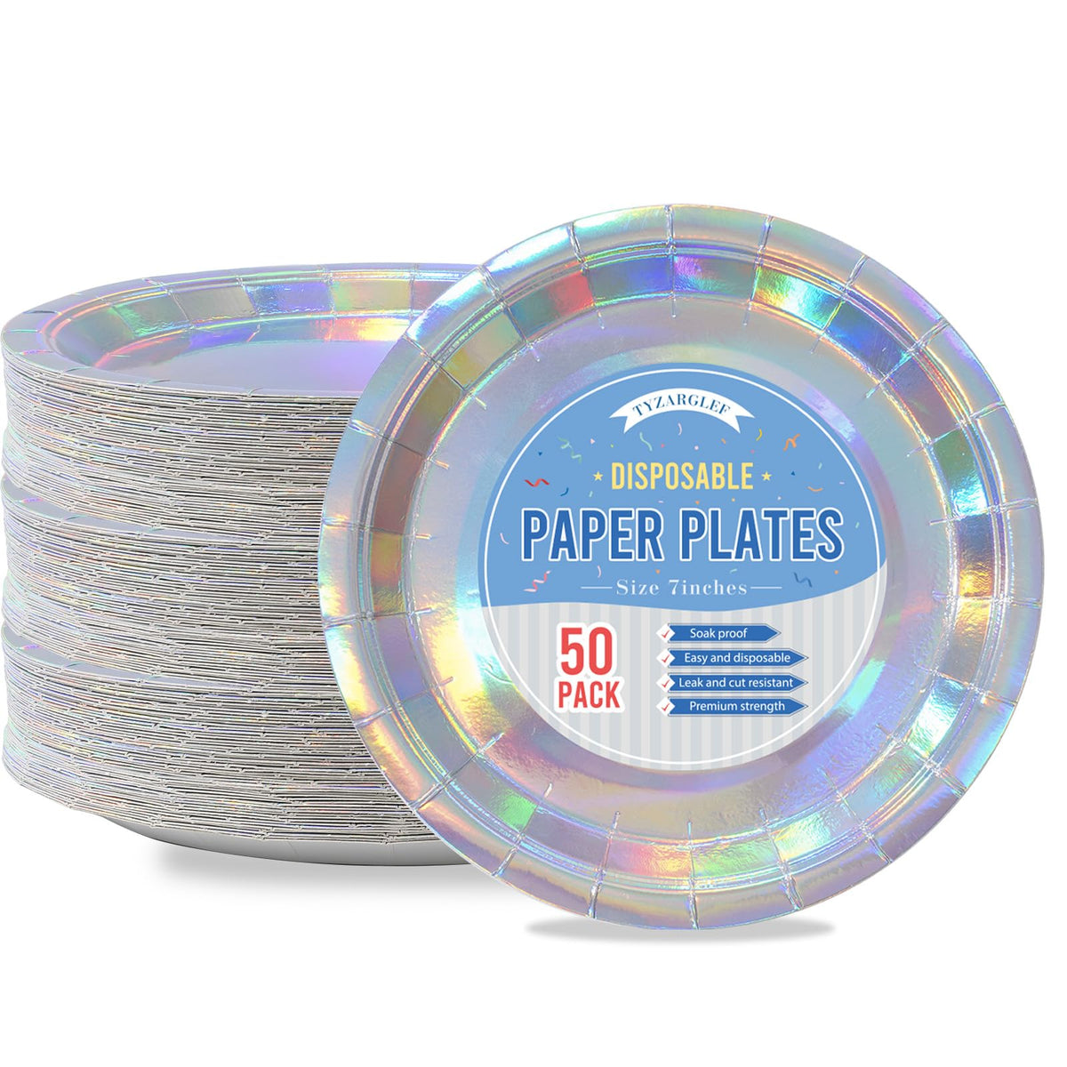 Tyzarglef Disposable Paper Plates Iridescent, 50 Count 7    Dessert Cake Plates Bulk For Party Supplies, Colored And Sturdy Part