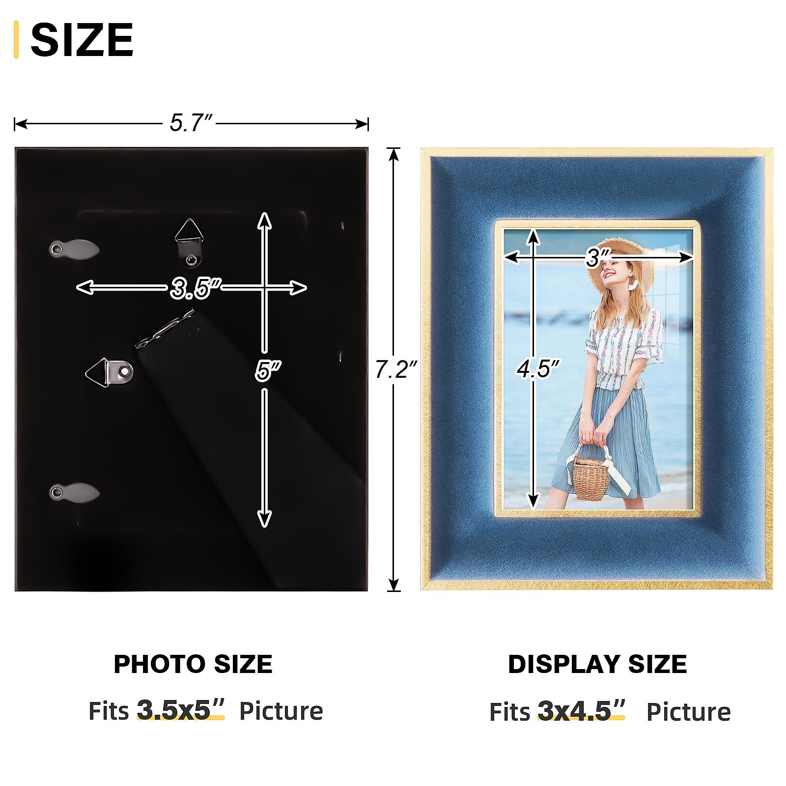 KSROECUD 3.5x5 Velvet Picture Frame, Navy Blue Photo Frames with Modern Simple Metallic Gold Border, HD Real Glass Horizontal &