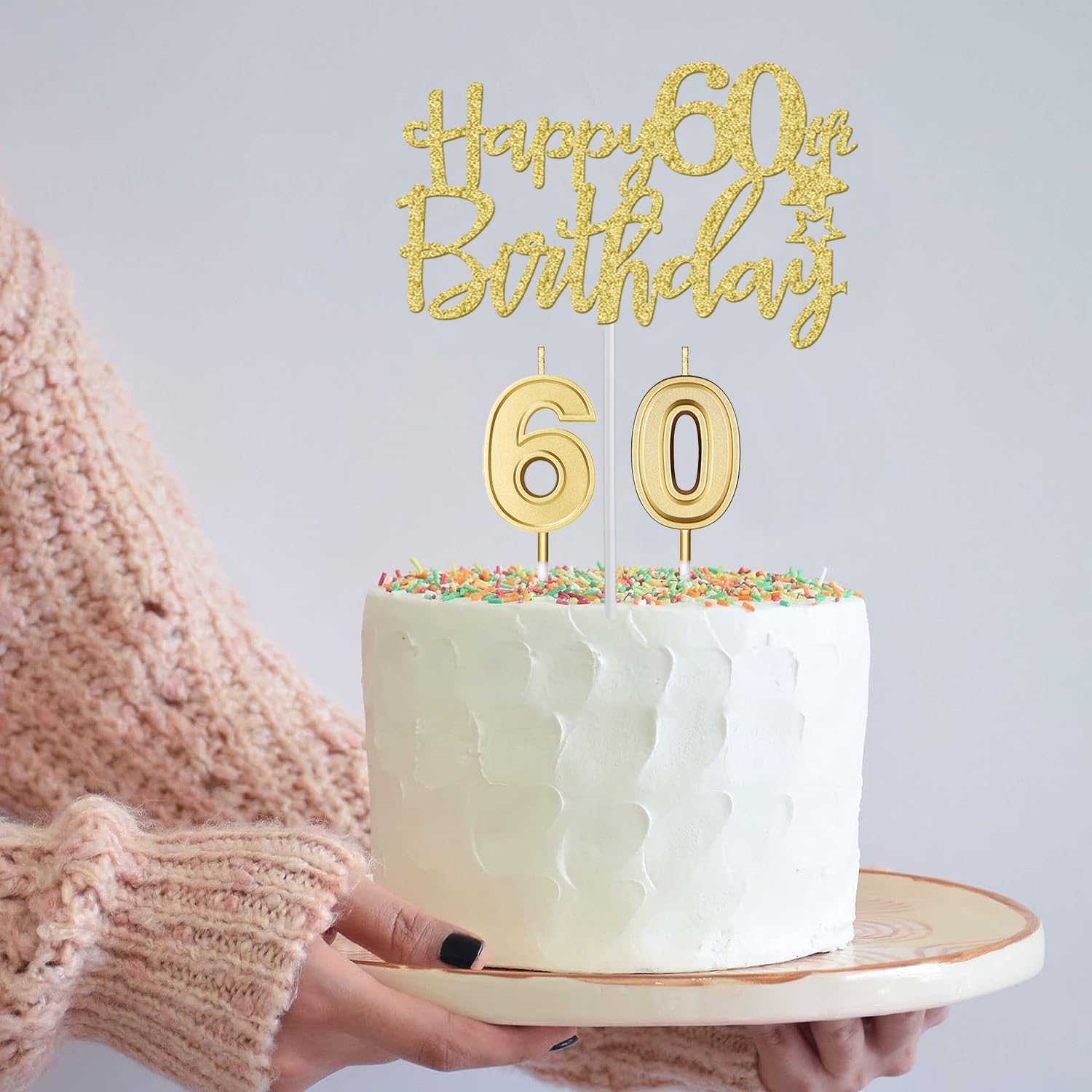 60Th Birthday Decorations For Women Gold With 60Th Birthday Sash And Tiara, 60Th Birthday Cake Topper And 60 Candles, Big Gold 6