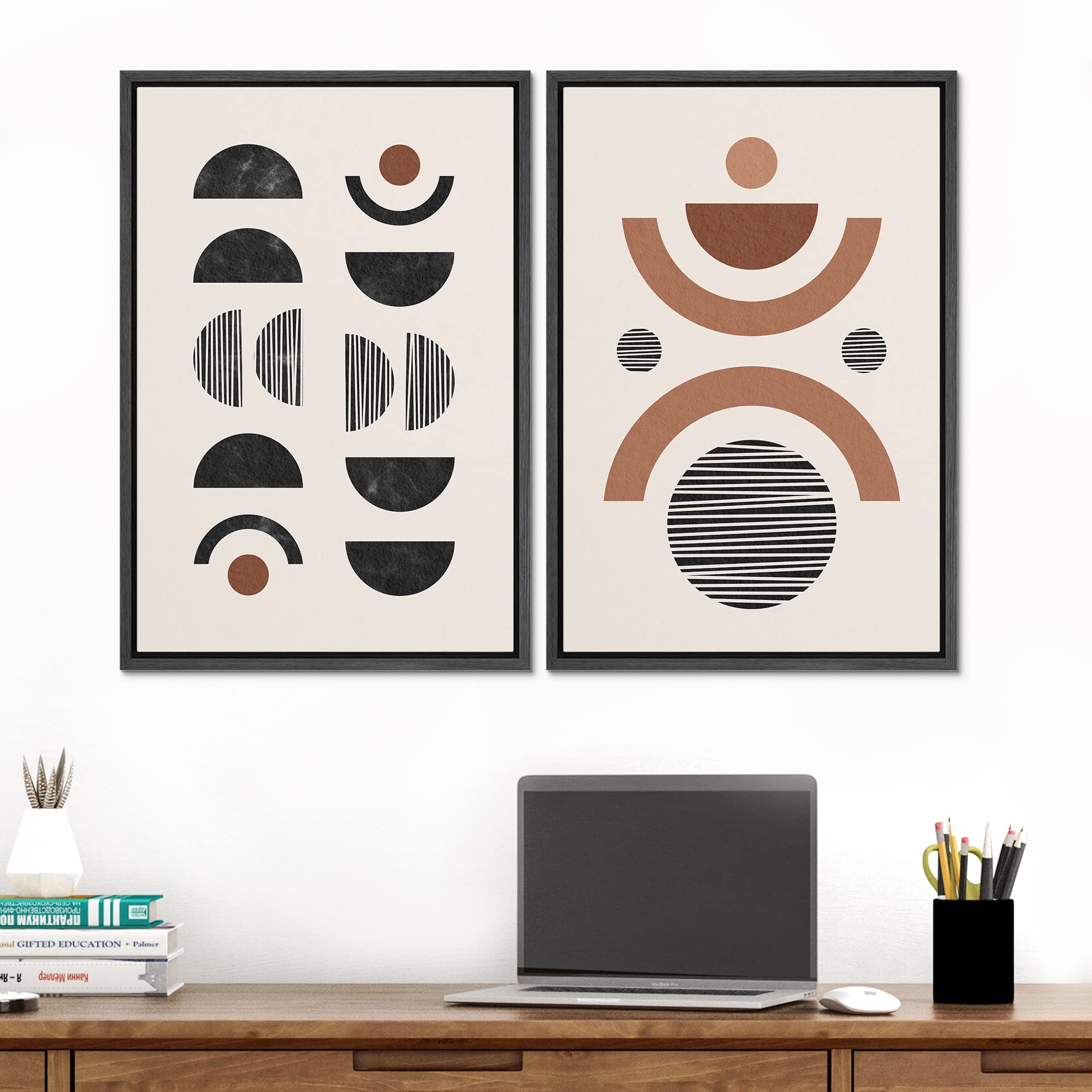 Signford Framed Canvas Print Wall Art Geometric Black And Brown Semi Circle Polygons Abstract Shapes Illustrations Modern Boho C