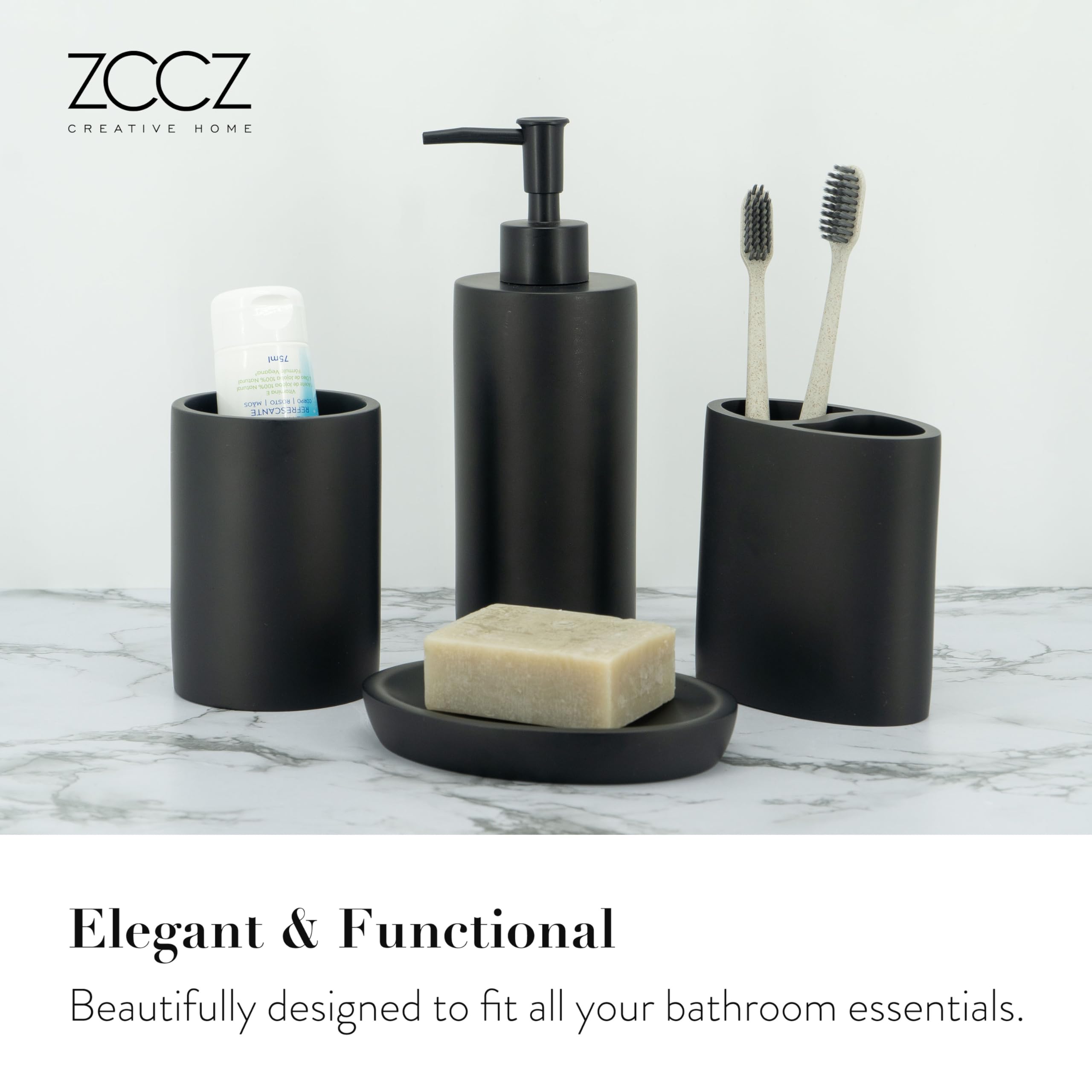 Zccz Bathroom Accessory Set, 4 Pcs Matte Black Bathroom Vanity Countertop Bathroom D  Cor Sets Accessories With Soap Dispenser,