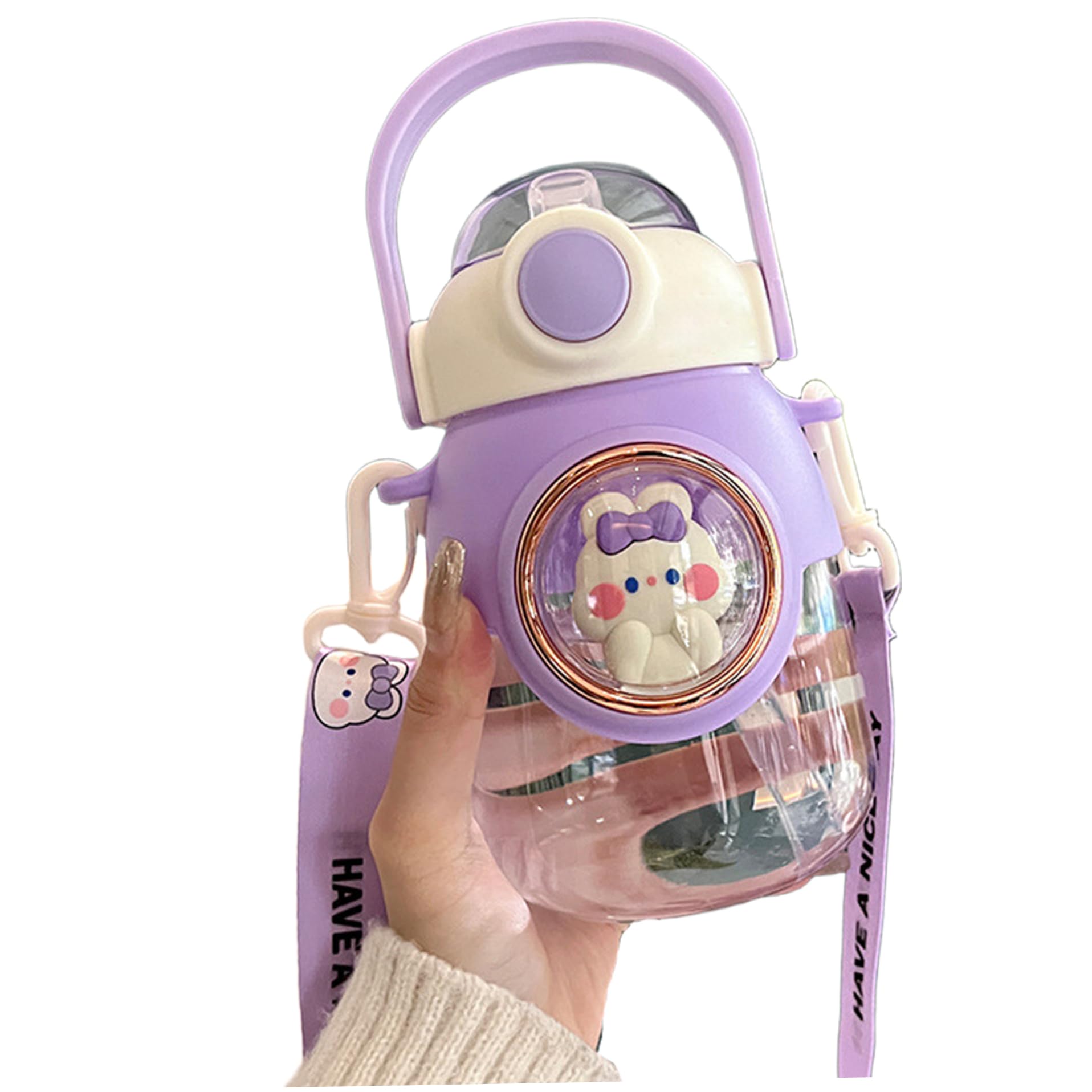 Bemonew Kawaii Water Bottle With Silicone Straw, 820ml Portable Water Bottles With Adjustable Shoulder Strap, Leakproof Cartoon 