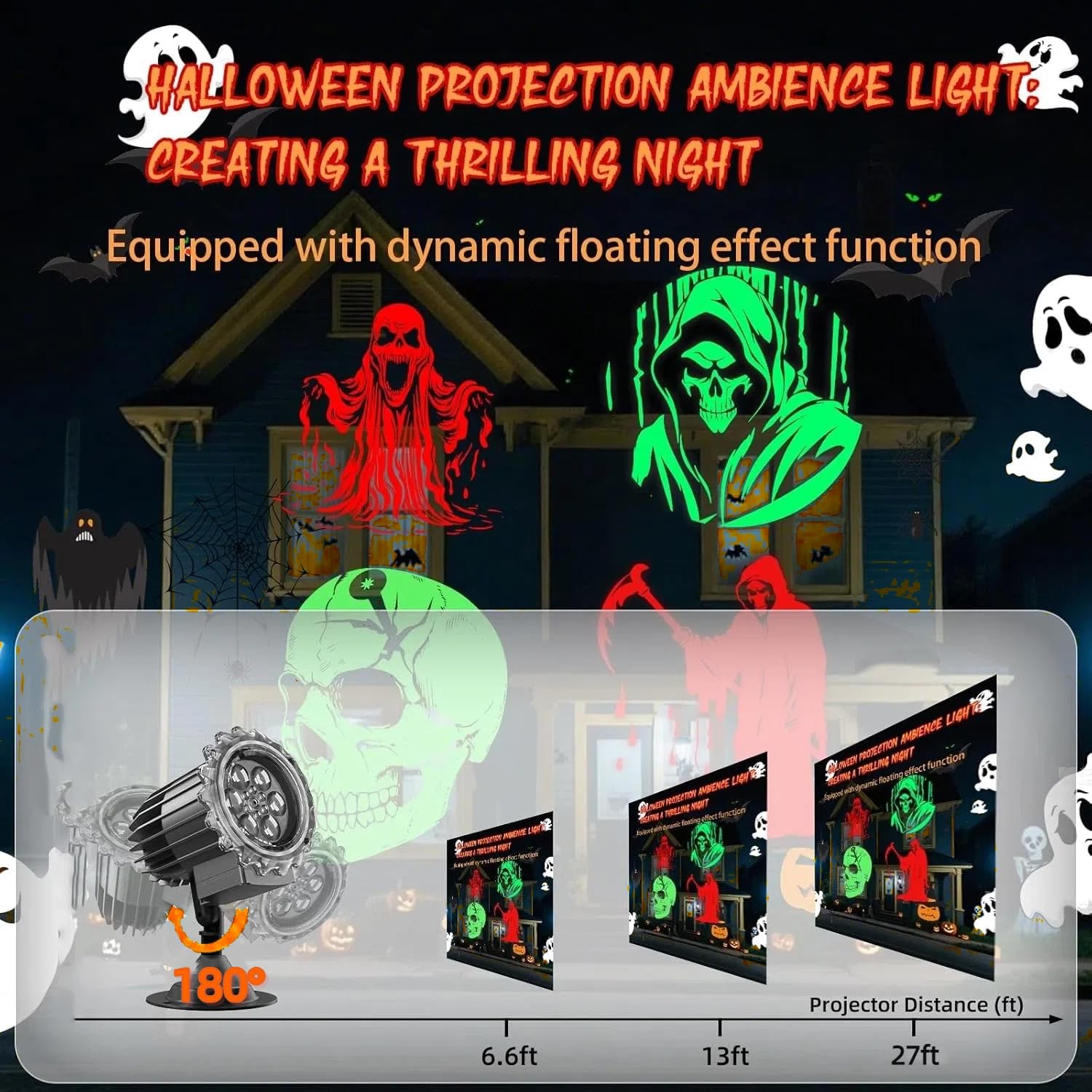 Halloween Projector Lights Outdoor,2025 Upgraded 3D HD Dynamic Skull Ghost Decorations Light,Waterproof Holiday Light,Terror Atm