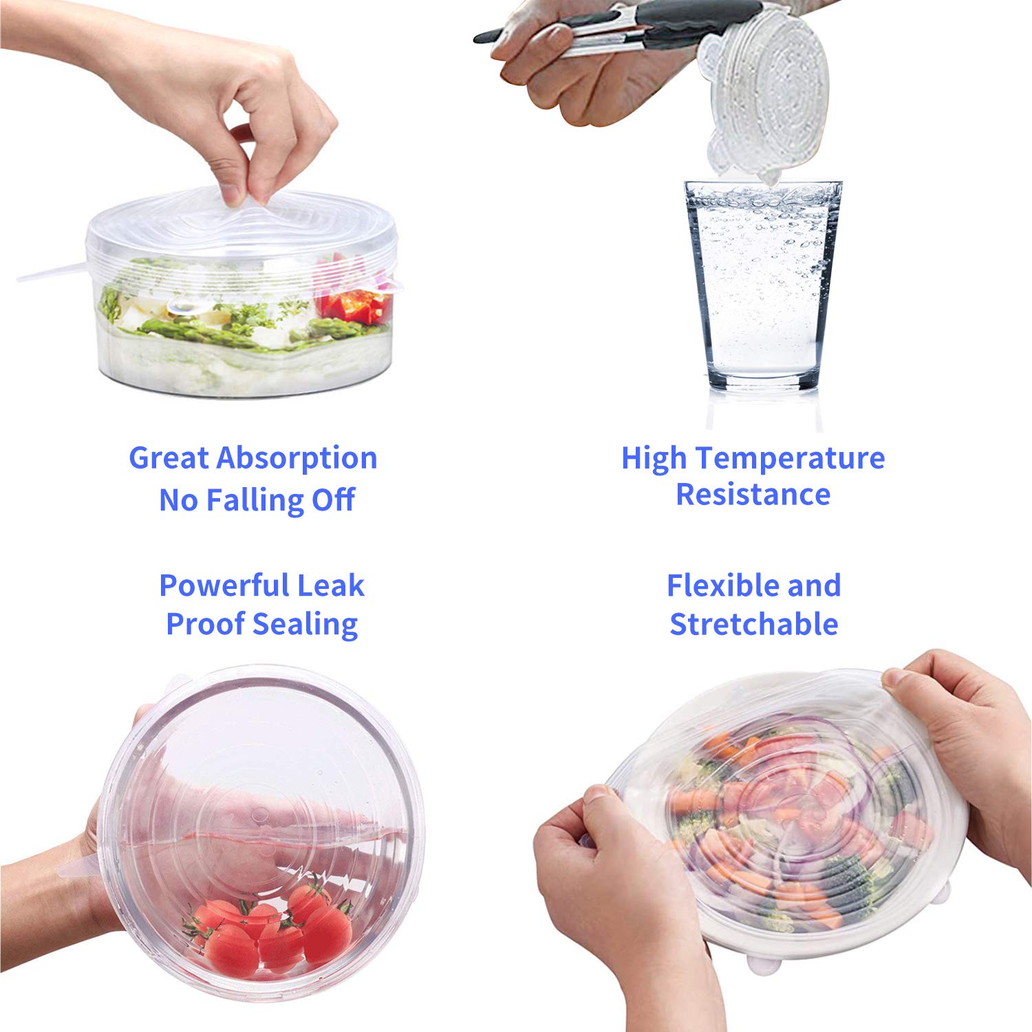 StickAny Silicone Stretch Lids, 18 Pack Reusable Bowl Covers, Transparent, 6 Sizes for Food Containers, Model 20010