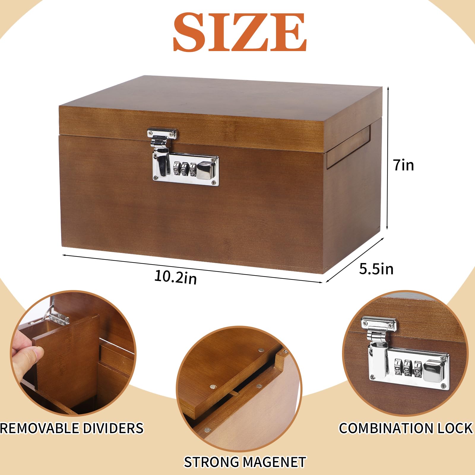 Large Brown Bamboo Box with Combination Lock, Decorative Storage Box with Removable Tray & Detachable Compartment, Wooden Box wi