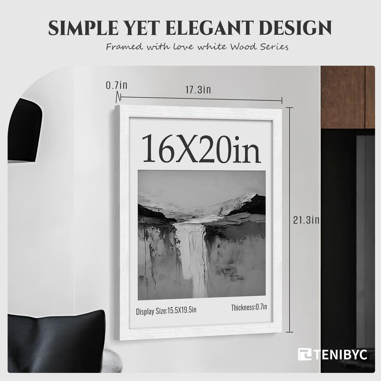 TENIBYC 16x20 Frame 4 Pack - White, HD Tempered Glass, Wood Poster Frame, Display 16 x 20 Photos, Posters, and Puzzles, Gallery