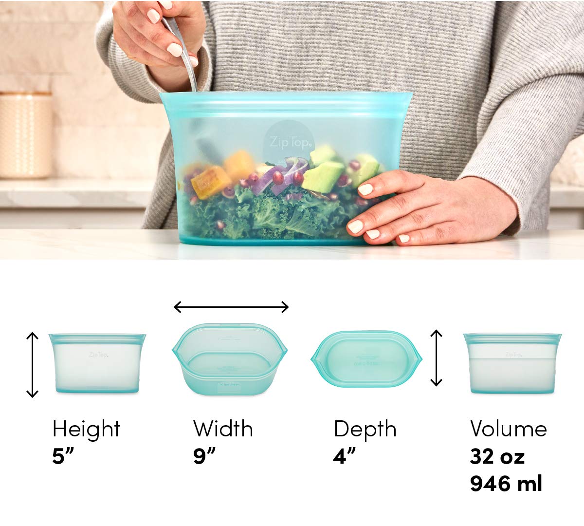 Zip Top Reusable Food Storage Bags | Large Dish [Gray] | Silicone Meal Prep Container | Microwave, Dishwasher And Freezer Safe |