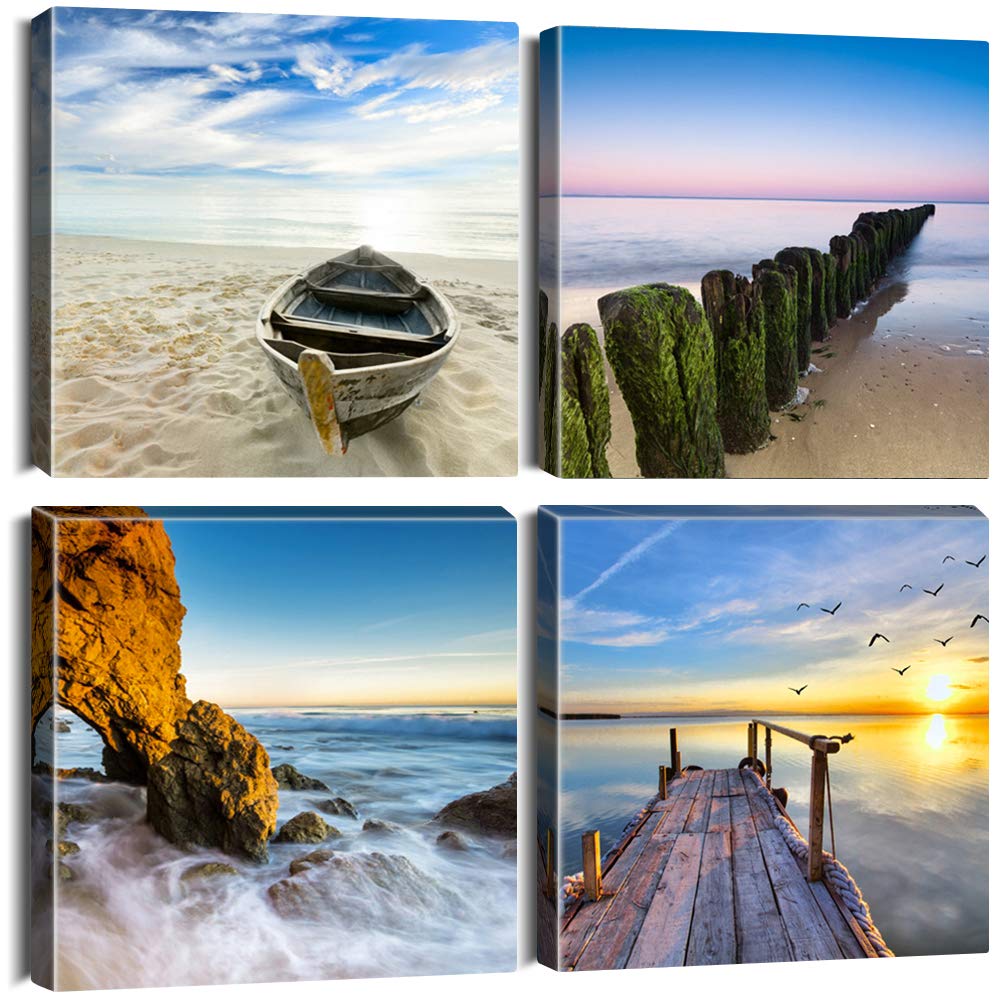 Artscope 4 Pieces Canvas Prints Wall Art - Wooden Boats, Stakes And Piers On The Beach Picture Painting- Modern Wall Artwork Fra