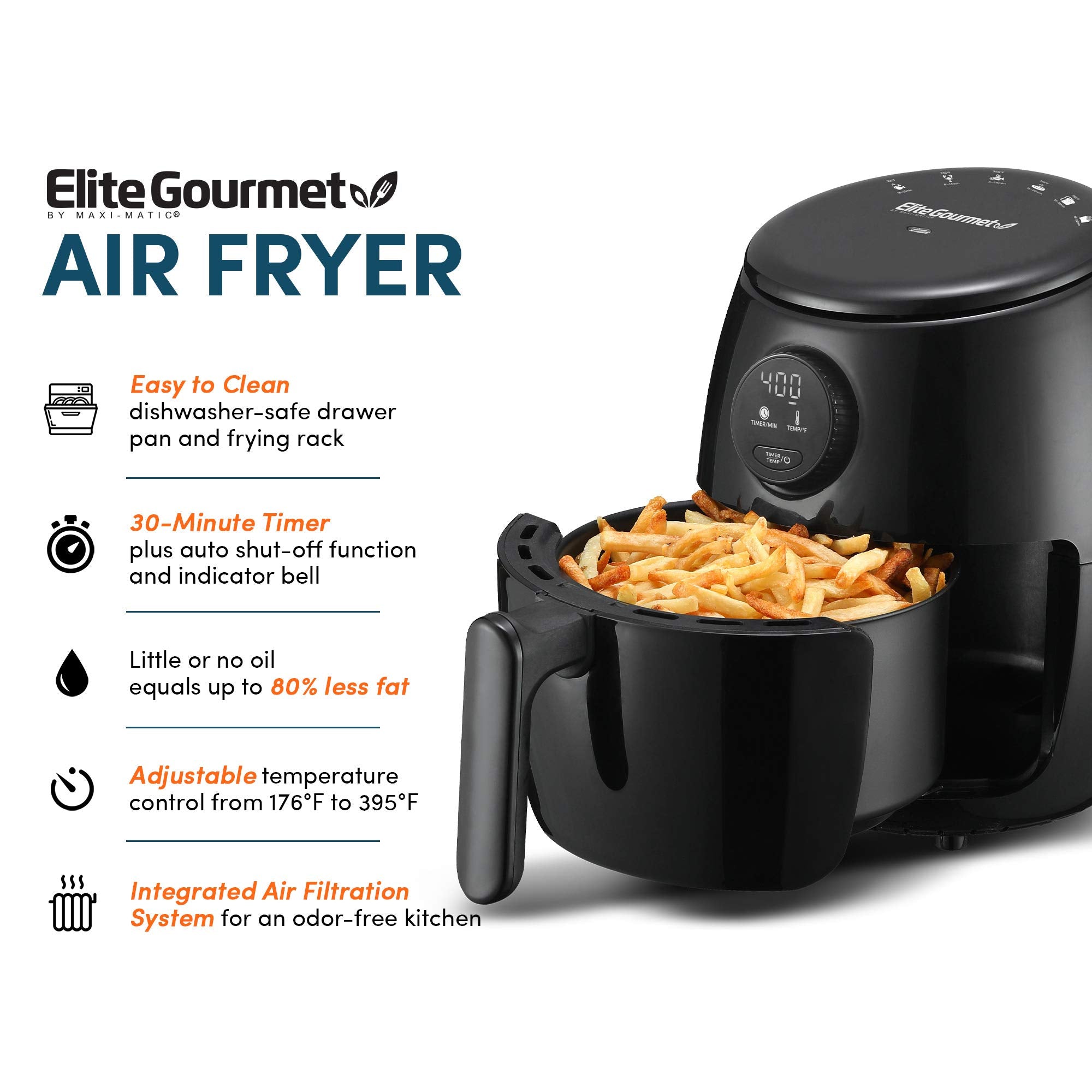 Elite Gourmet Eaf2612D Personal 2.1Qt Compact Space Saving Programmable Hot Air Fryer, Oil-Less Healthy Cooker, Timer & Temperat