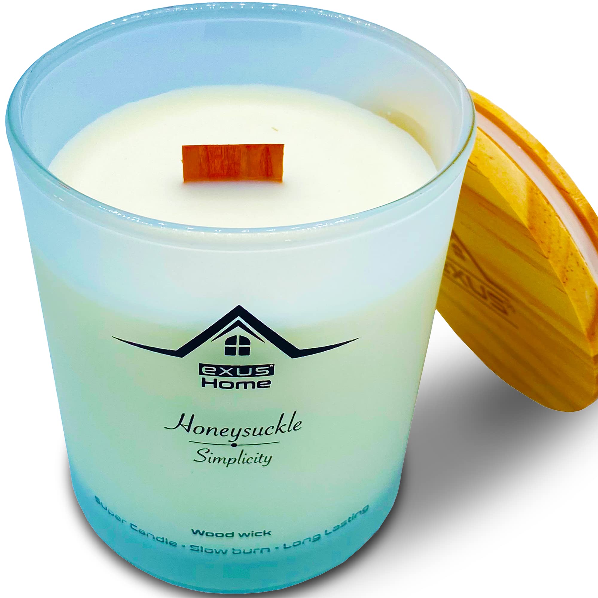 Exus Hand Crafted, Odor Eliminator, Strong Scent, 100% Natural Soy Wax, Wood Wick, Non-Toxic Candle (Honeysuckle/Simplicity)