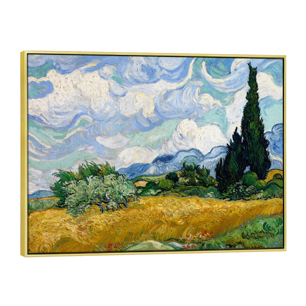 Wieco Art Framed Canvas Art Wheat Field With Cypresses By Van Gogh Classical Paintings Reproduction Modern Canvas Print Wall Art
