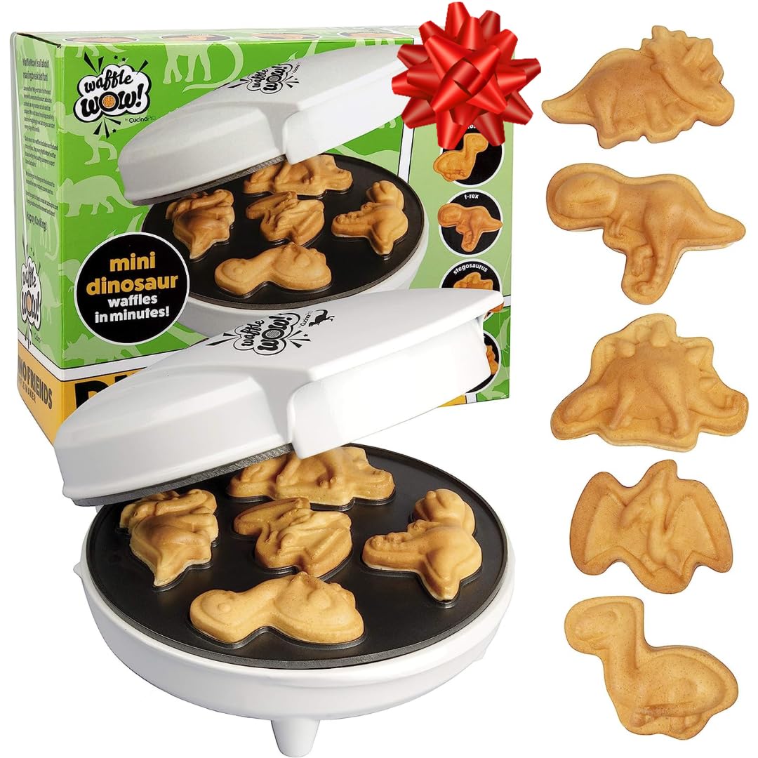 Dinosaur Mini Waffle Maker - 5 Different 3D Shaped Dinos In Minutes- Make Fun Holiday Breakfast For Kids, Adults W Cool Novelty
