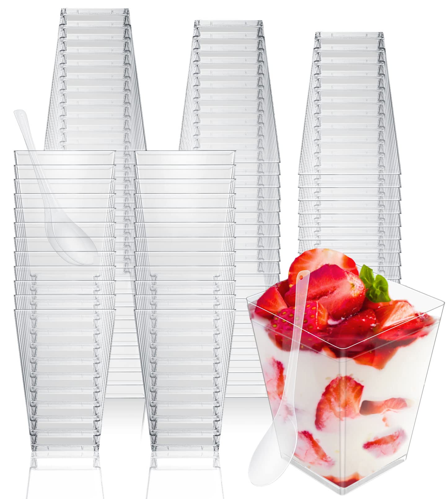 Cptoion 100 Pack 5 Oz Dessert Cups With Spoons,Plastic Dessert Cups,Clear Square Parfait Cups,Mini Appetizer Cups,Shooter Cups F