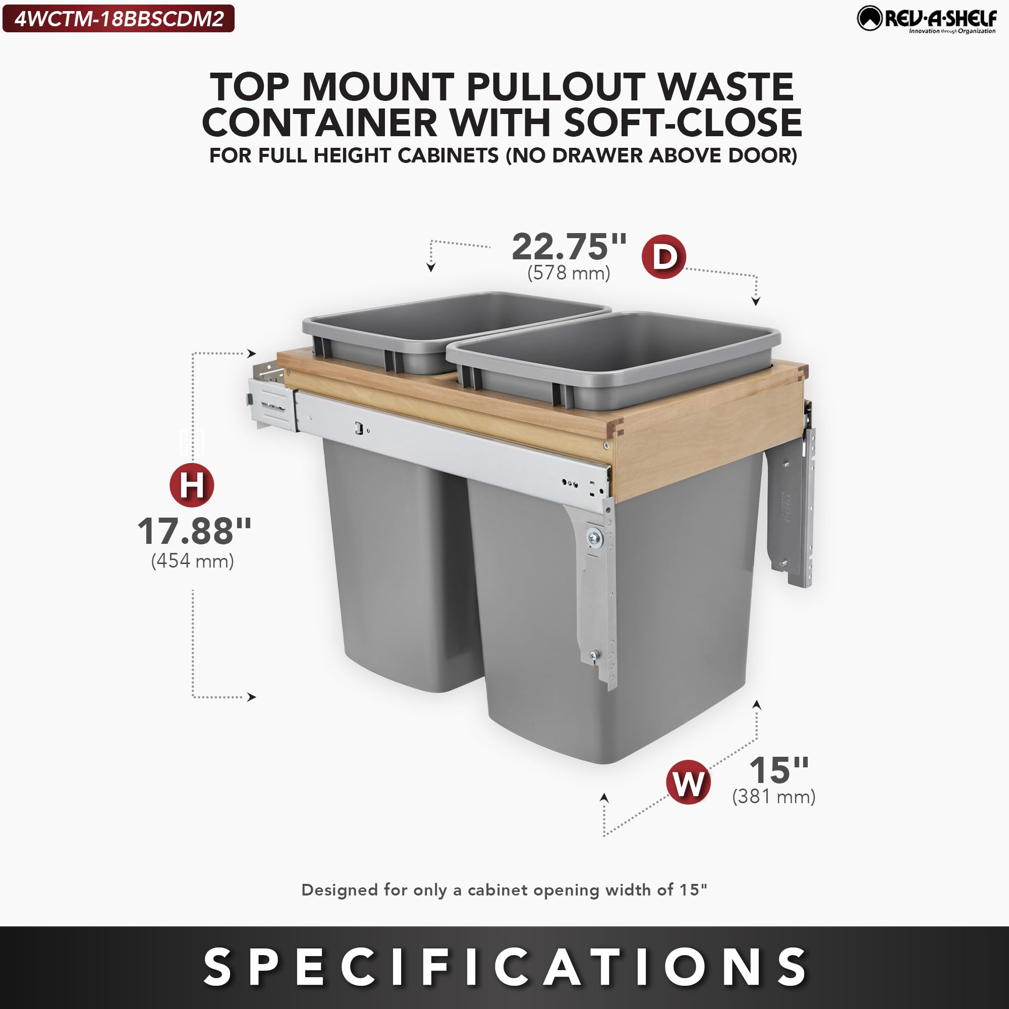 Rev-A-Shelf Double Pull Out Under Cabinet Trash Can W/Soft-Close, 35 Qt Garbage Bin For 15'' X 1.5'' Face Frame, Silver, 4Wctm-1