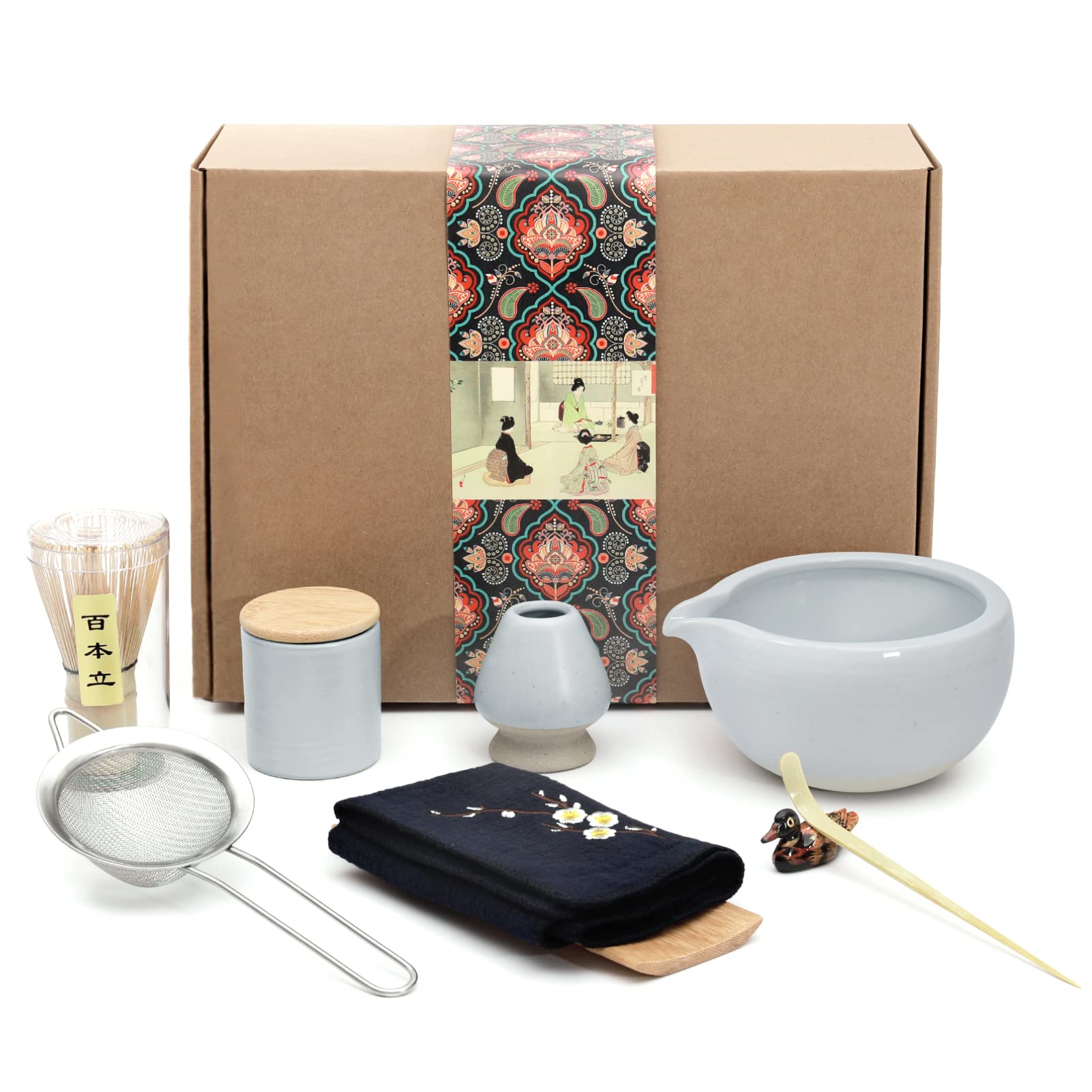 Artcome 9Pcs Japanese Matcha Tea Set, Matcha Bowl With Pouring Spout, Matcha Whisk, Ceramic Whisk Holder, Tea Scoop, Matcha Powd