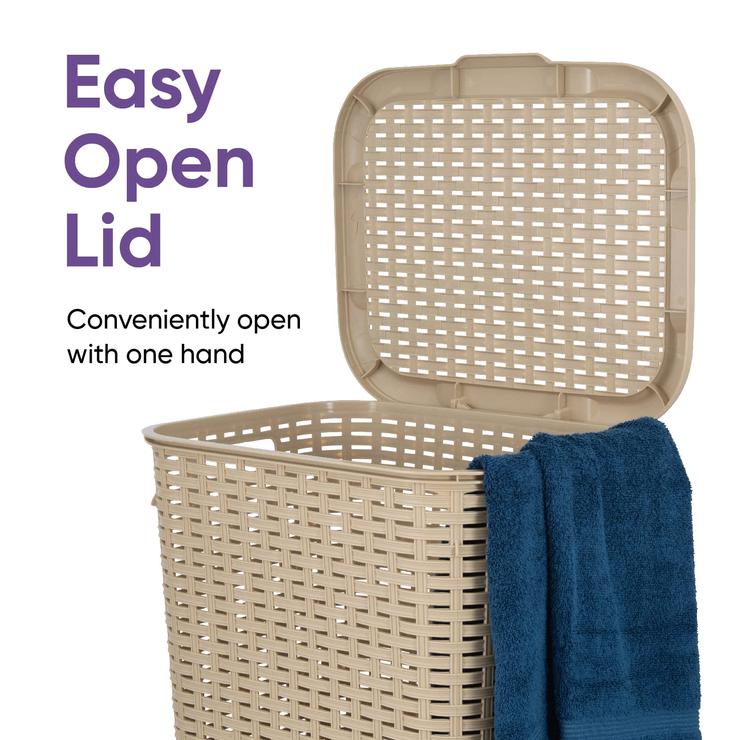 Superio Laundry Hamper Basket With Easy Open Lid 60 Liter Beige, Large Wicker Hamper, Dirty Cloths Storage With Two Cutout Handl