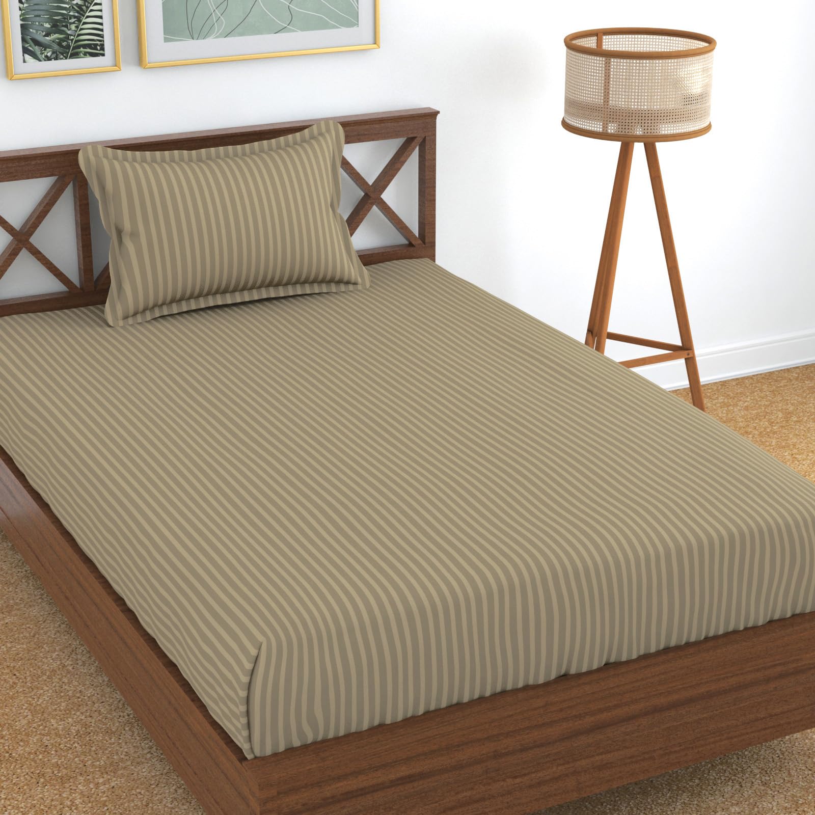 Homefab India 160 Tc Stripe Glace Cotton Single Bedsheet With 1 Pillow Cover - Beige