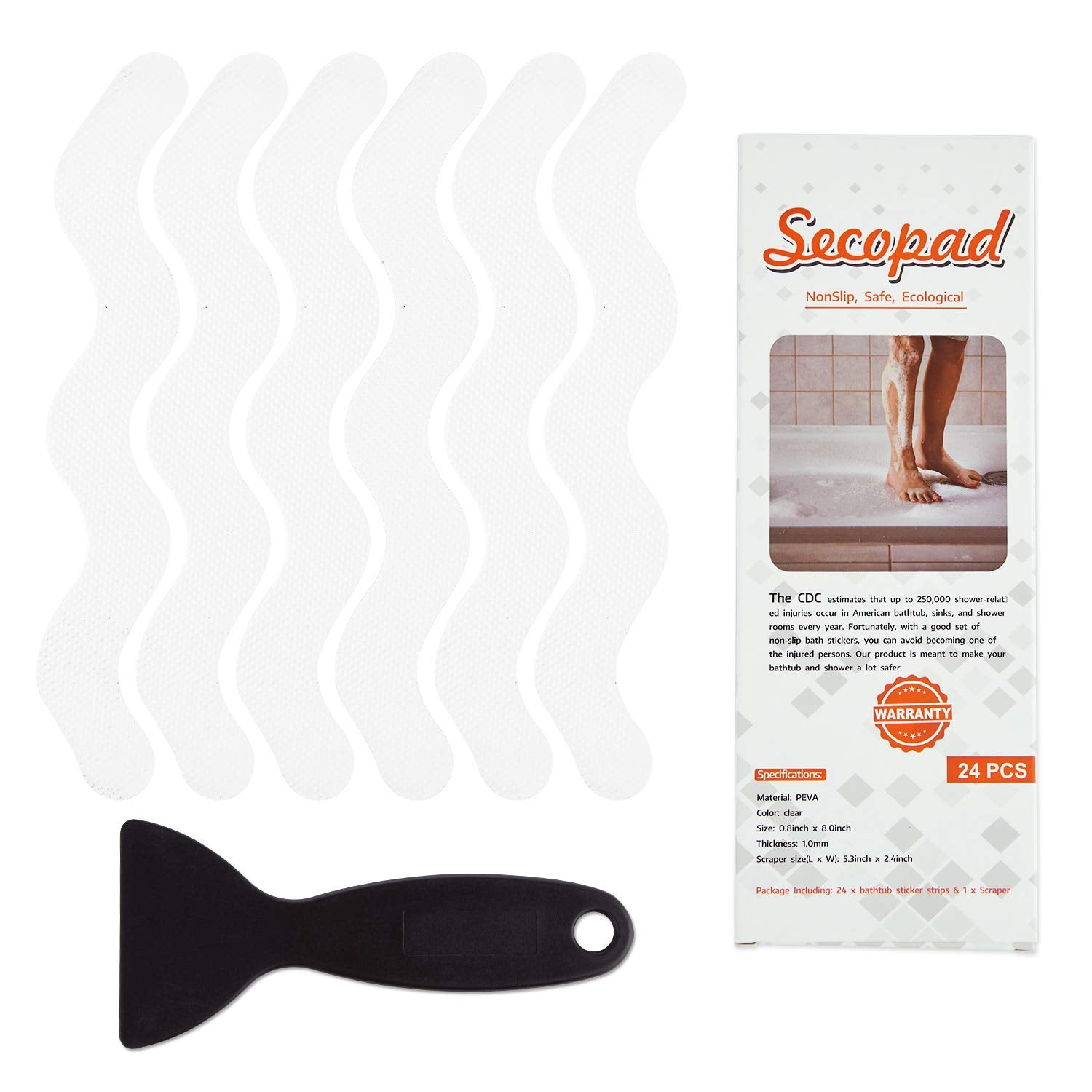 Secopad Patented Anti Slip Shower Stickers 24 Pcs Safety Bathtub Strips Adhesive Decals With Premium Scraper For    Bath Tub Sho