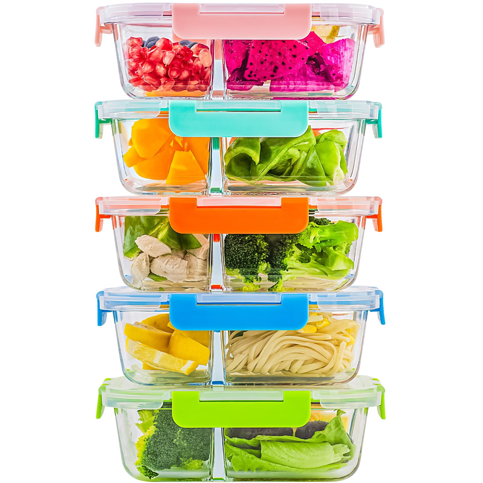 C CREST 5-Pack,3 Compartment Glass Meal Prep Containers Set,34oz, Divided Glass Food Storage Containers with Lids, Glass Lunch B