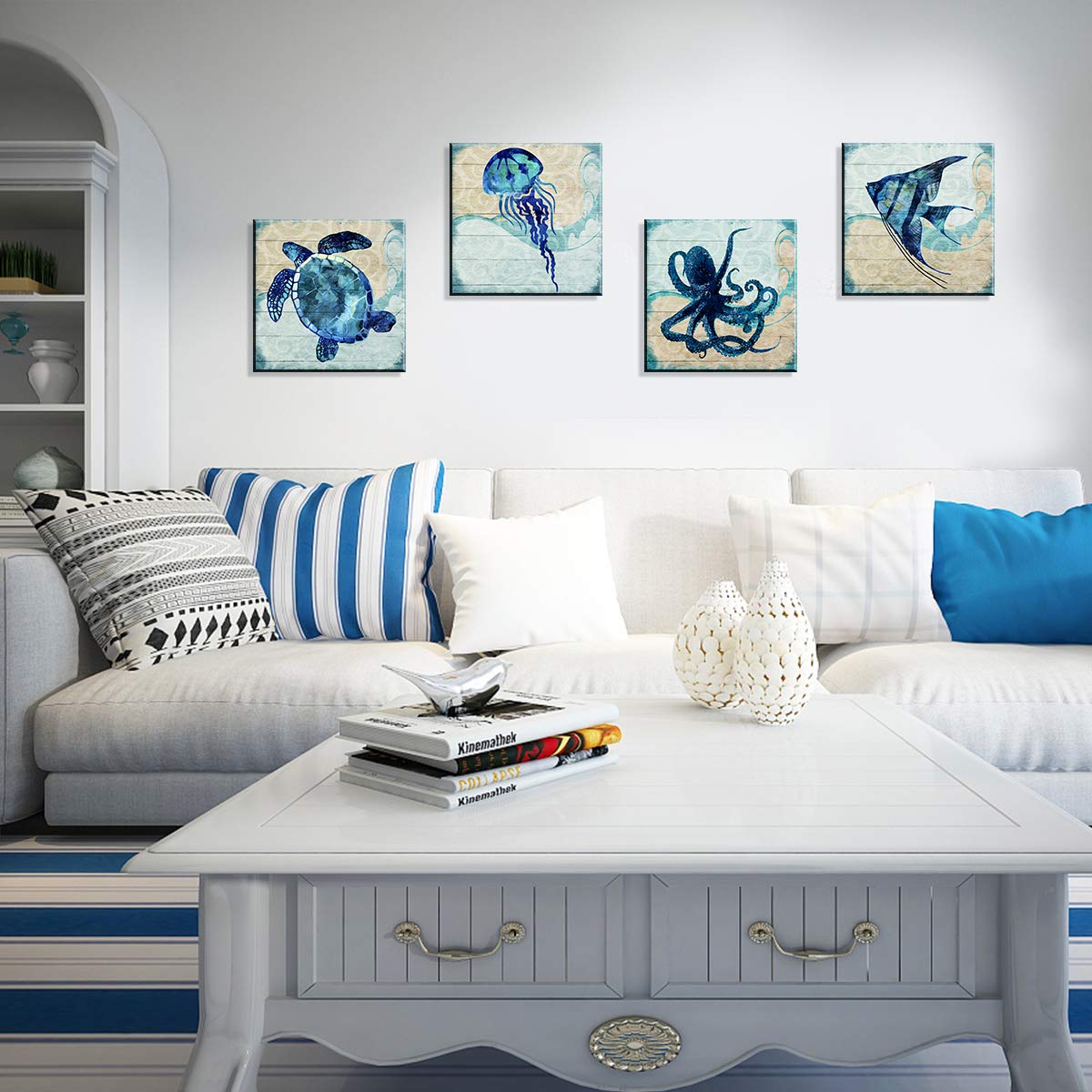 Navy Blue Beach Themed Fish Sea Turtle Jellyfish Octopus Wall Art Bathroom Decor Ocean Nursery Picture Canvas Kids Boho Under Th