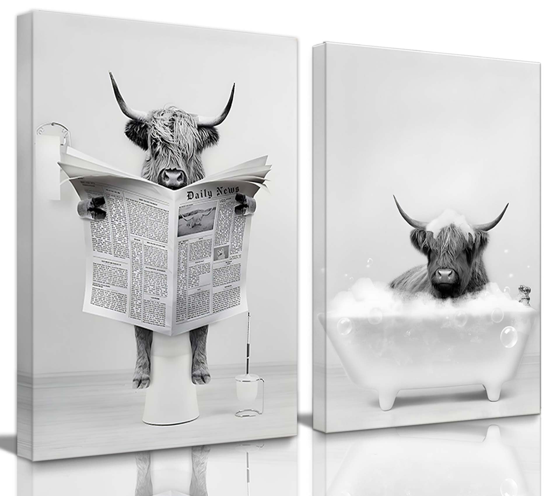 Framed 2 Pieces Bathroom Wall Art Funny Highland Cow Canvas Cow In Bathtub Prints Cute Animal Abstract Prints Modern Home D  Cor