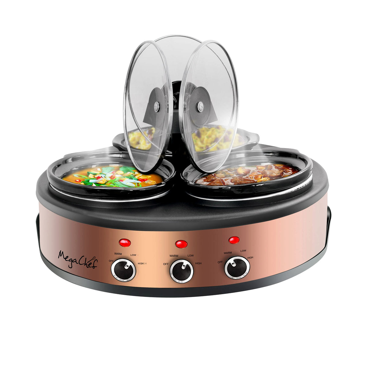 Megachef Round Triple 1.5 Quart Slow Cooker And Buffet Server In Brushed Copper And Black Finish With 3 Ceramic Cooking Pots And