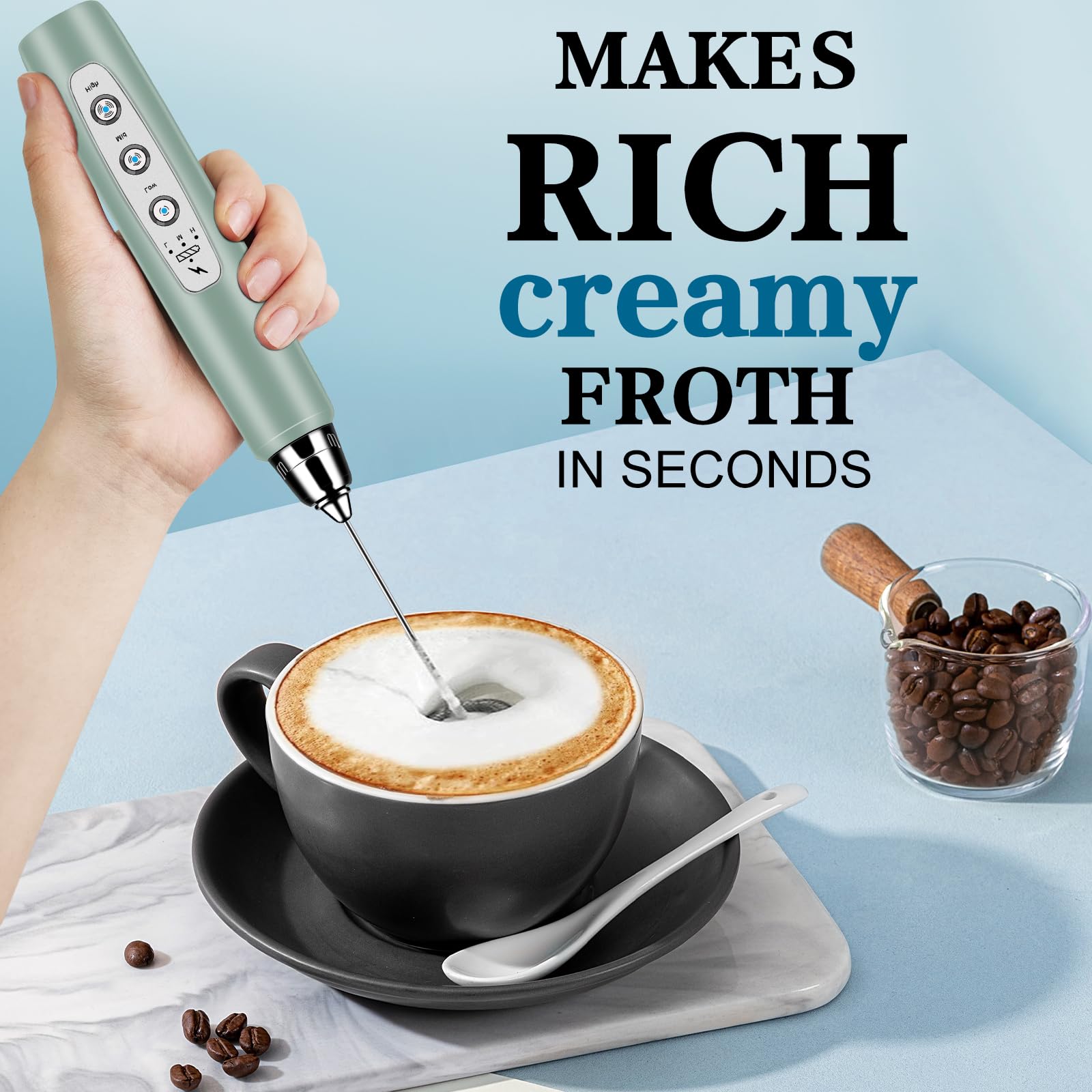 Bsrgms Milk Frother Handheld With Stand, Electric Whisk 3 Speed Adjustable, Drink Mixer With Stainless 3 Whisk, Rechargeable Han