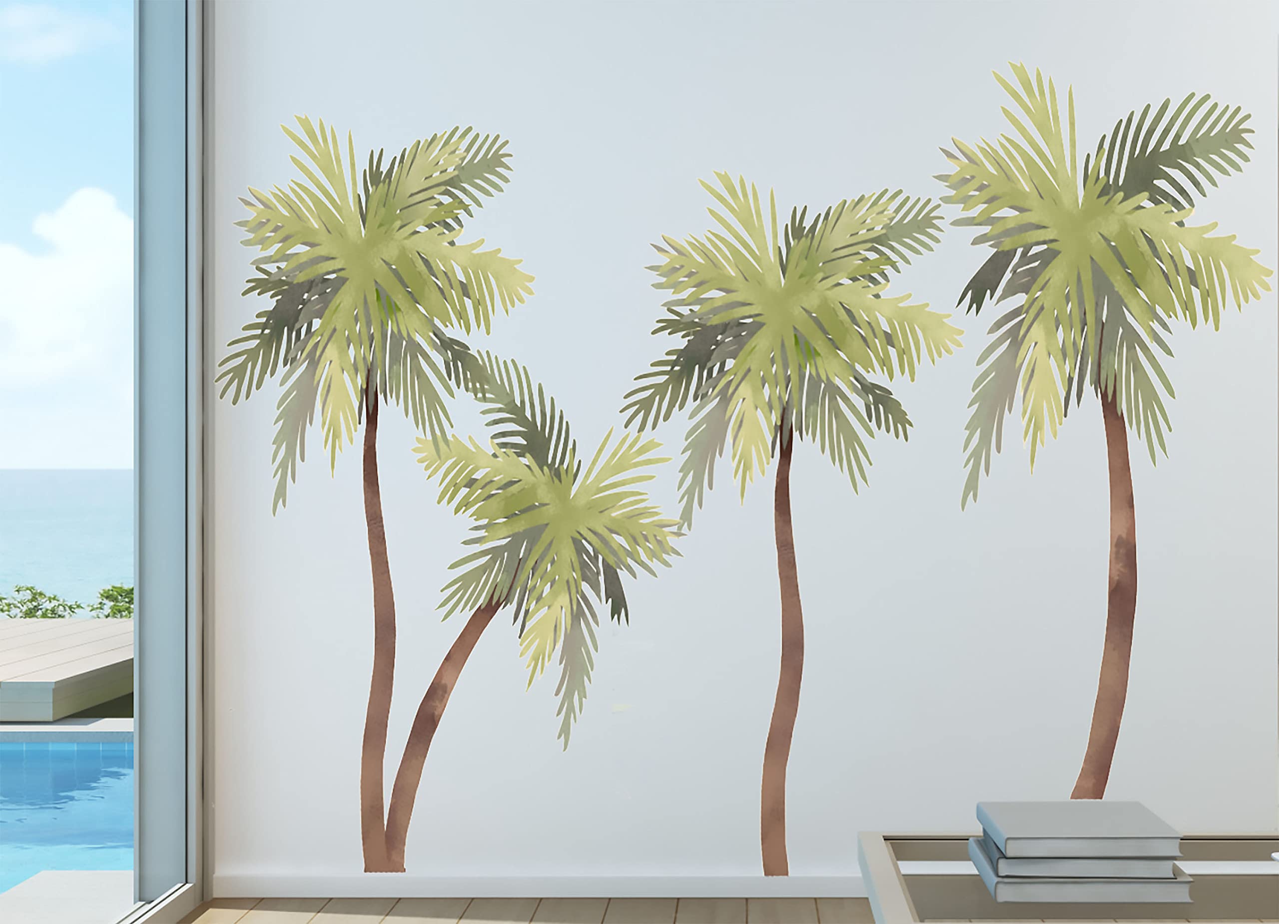 Palm Tree Watercolor Wall Decal Beach House Art D  Cor Sticker Tropical Print Bird Seagulls Included, 72 '' Tall (4)