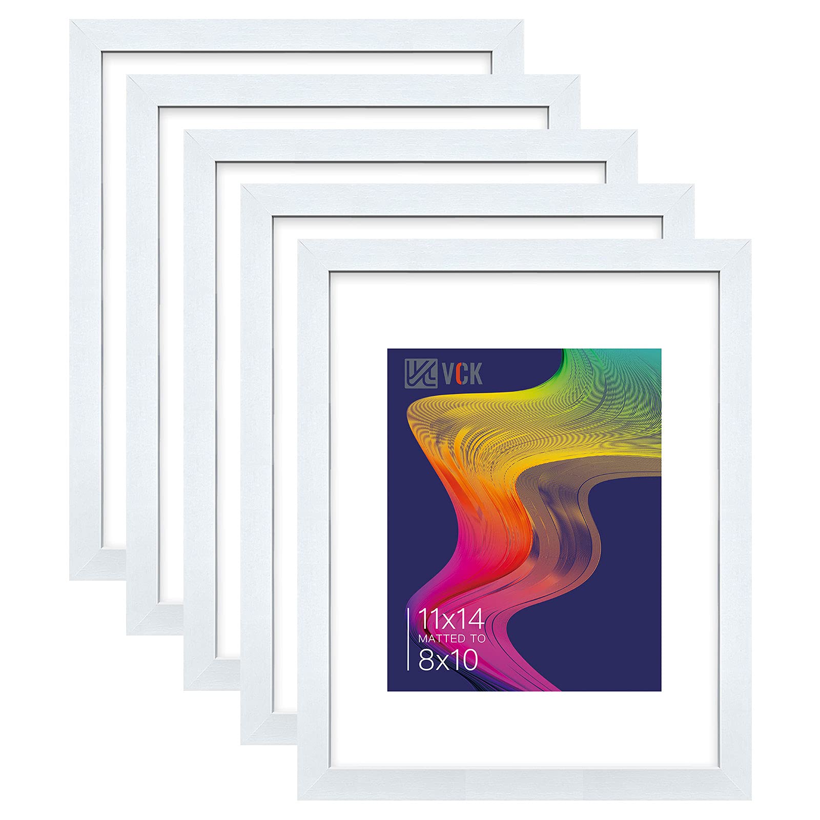 VCK 11  14 White Picture Frame with Mat for 8x10 Picture Set of 5 Wall Hanging Wooden Frame with Real Glass For Artwork Document