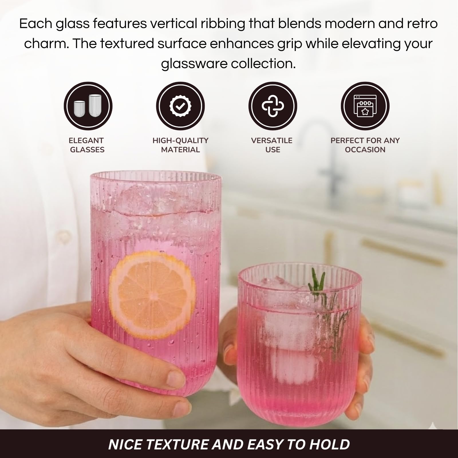 Set of 8 Ribbed Glasses - 4 Highball Glasses & 4 Lowball