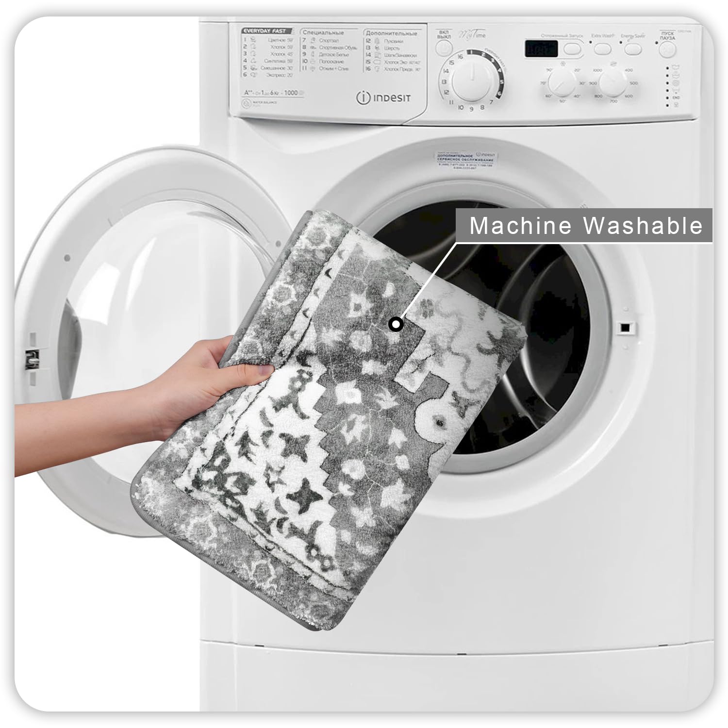 Uphome Boho Vintage Bathroom Rugs Sets 3 Piece Gray Non-Slip Soft Bath Mats With U-Shaped Contour Toilet Mat Machine Washable Or