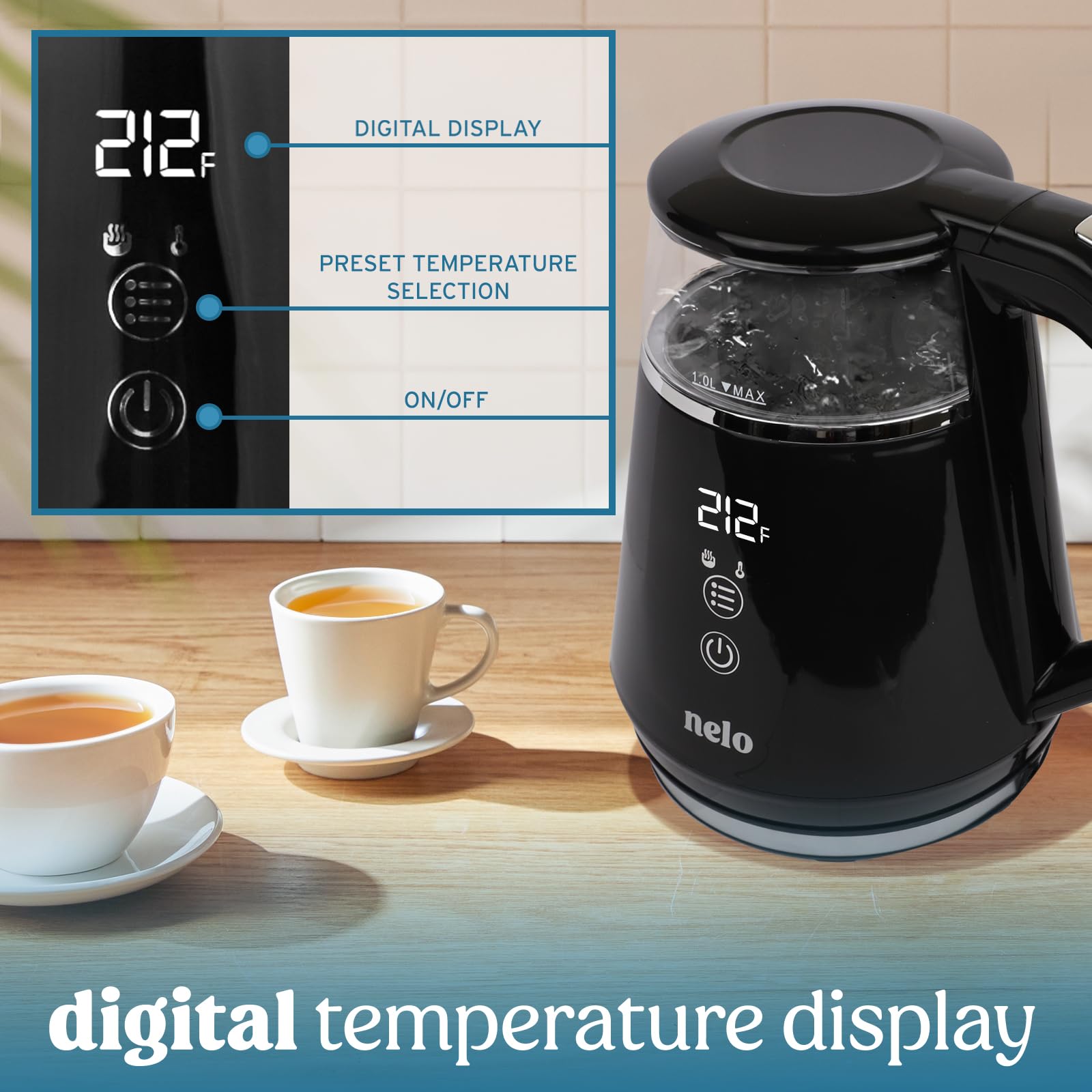 Nelo Electric Kettle With 5 Temperature Control Presets, Large Digital Temperature Display, Multi-Colored Led Indicator Lights,