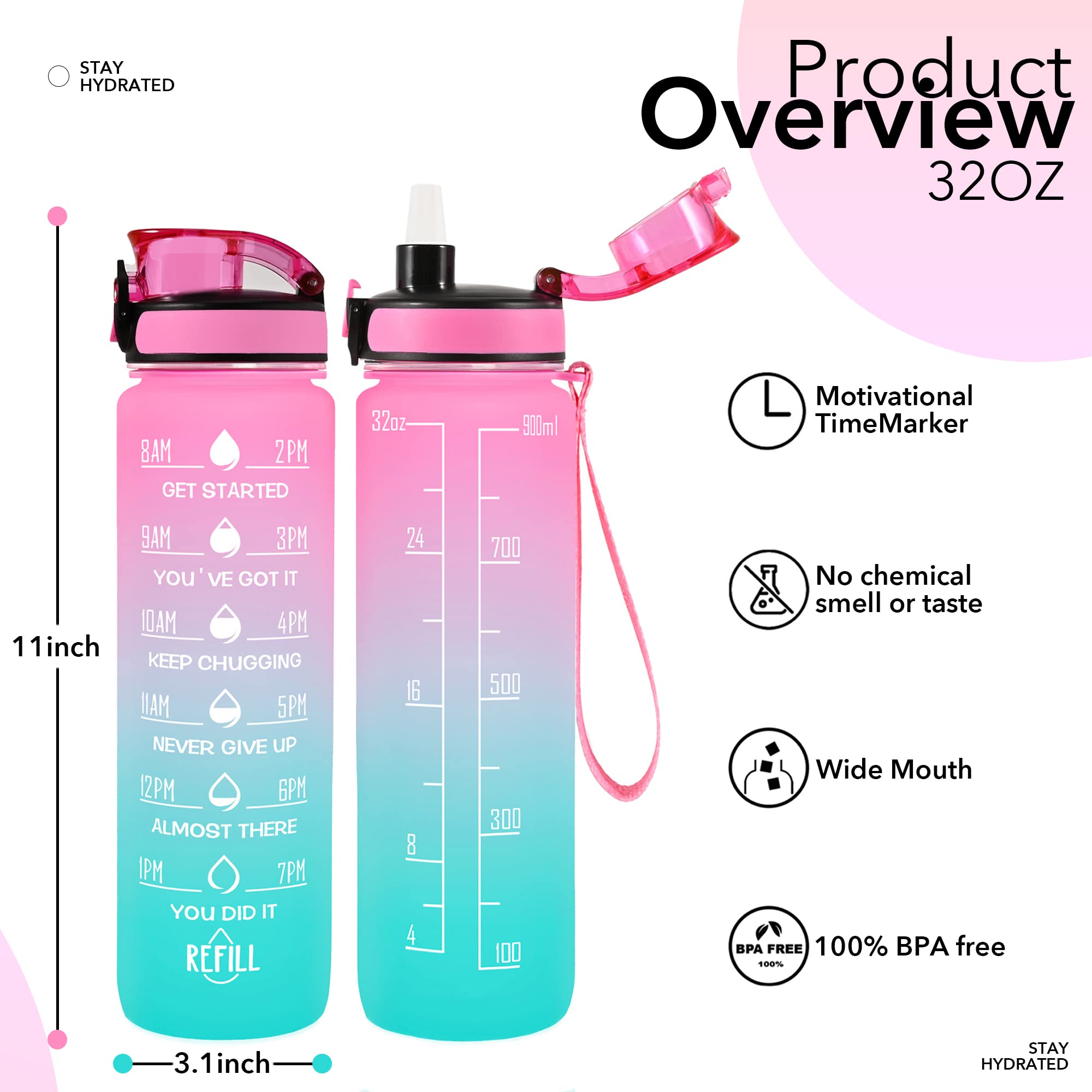 Newfad 32 oz Water Bottles with Straw & Strap  Motivational Water Bottles with Times to Drink  BPA Free Reusable Sports Water Bottle with Sleeve Carrier for Gym  Workout or Fitness (Butterfly in Love)