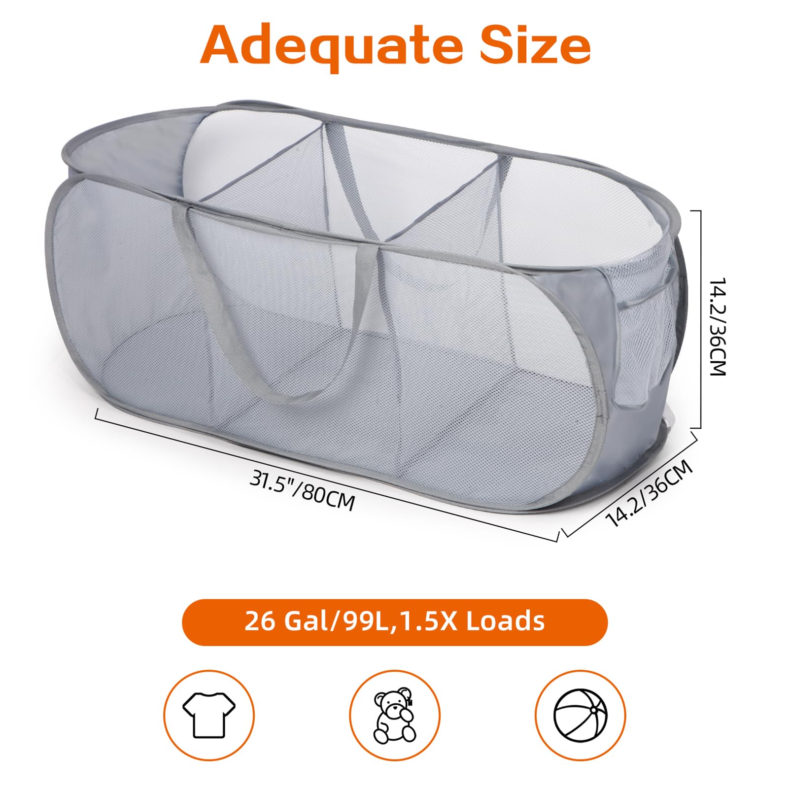 Durable Collapsible Laundry Baskets, Foldable Pop Up Laundry Hamper, Sturdy 3 Compartments Laundry Basket, Handy Pocket & Easy T