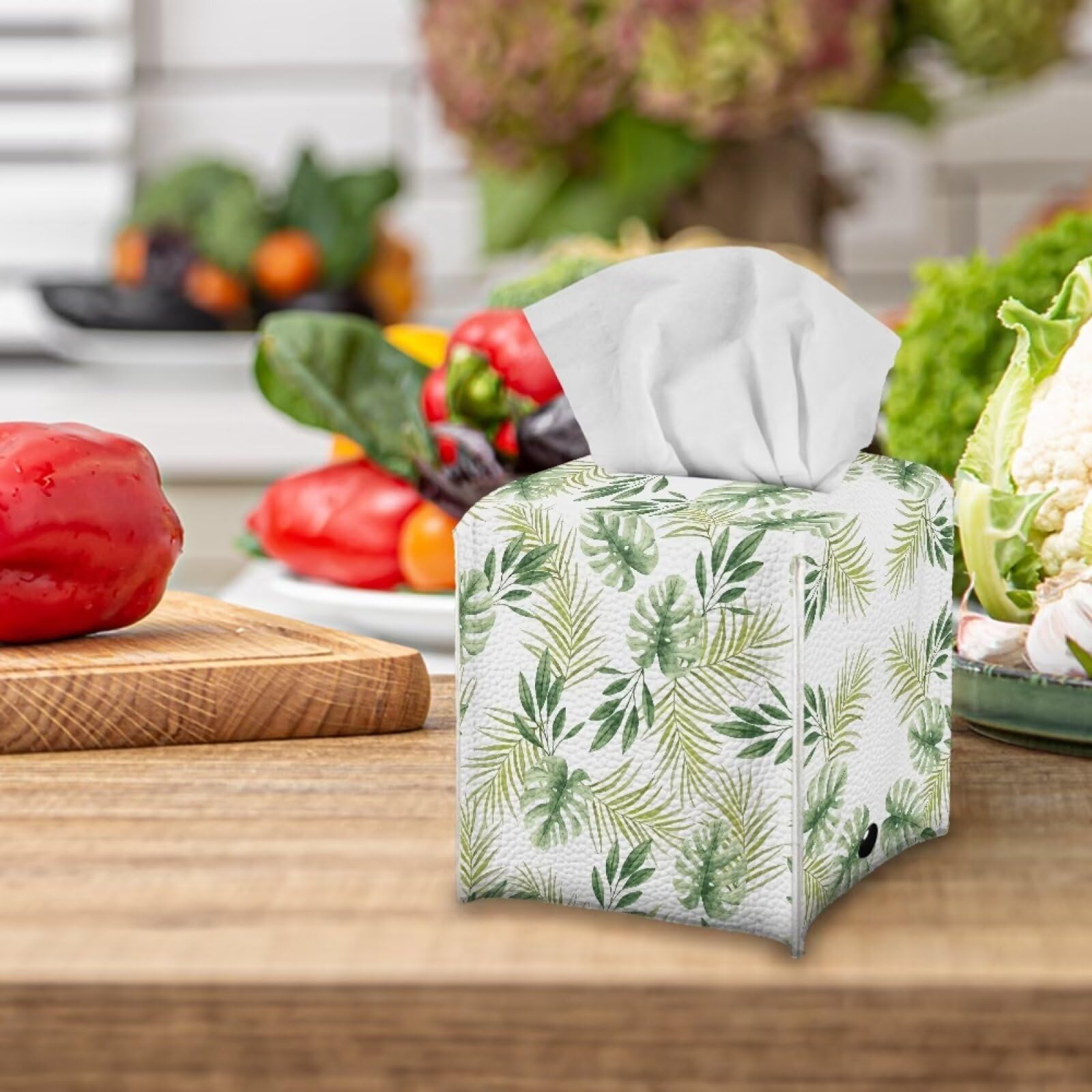 Tutolipy Tropic Leaves Monstera Print Tissue Box Cover Square Tissue Holder Pink Facial Paper Holder For Bathroom Vanity Counter