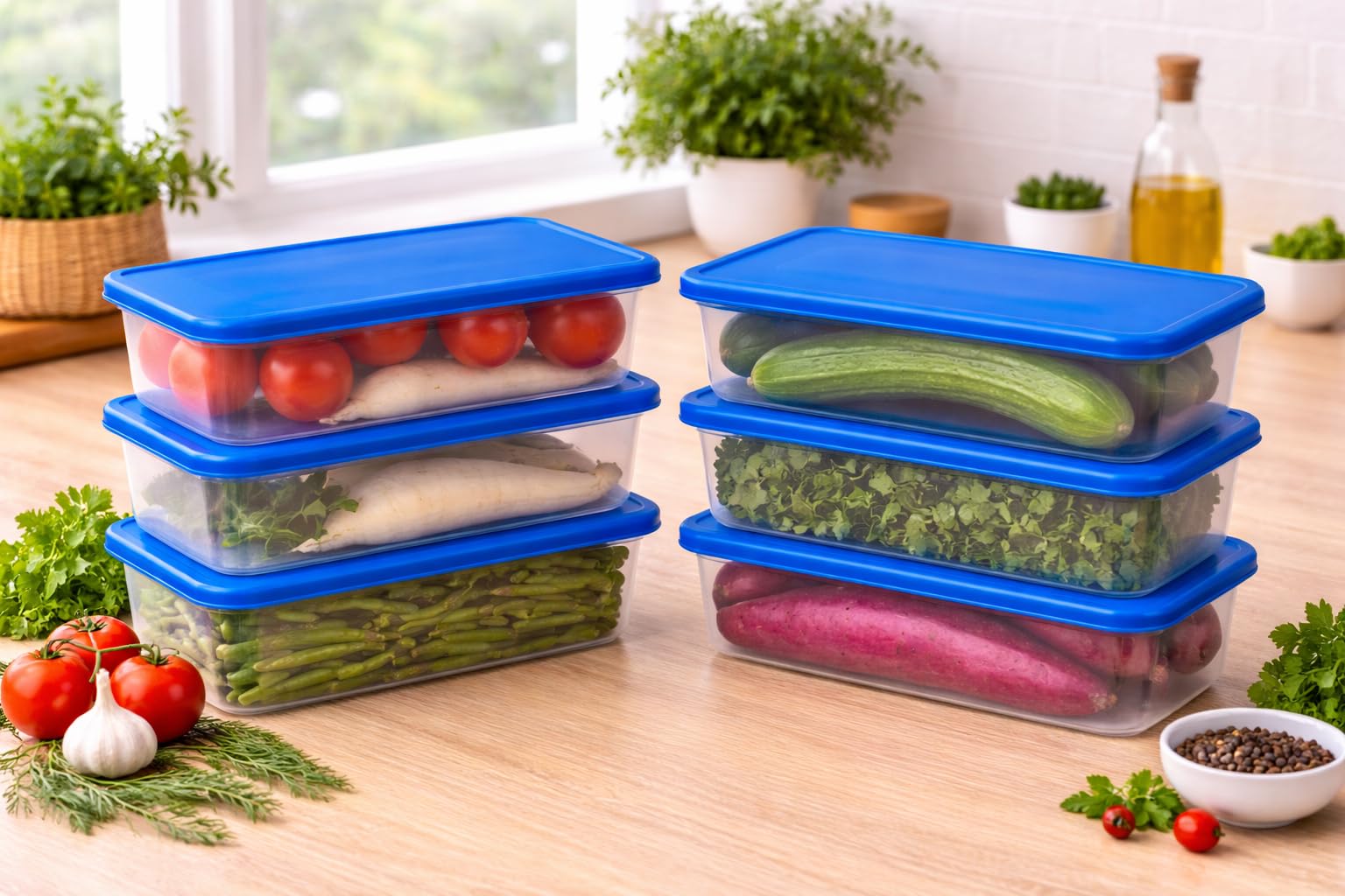 Meteor Fridge Storage Containers Set Of 6 Refrigerator Organizer Boxes With Blue Lids Fridge Containers For Vegetables Fruits Fo