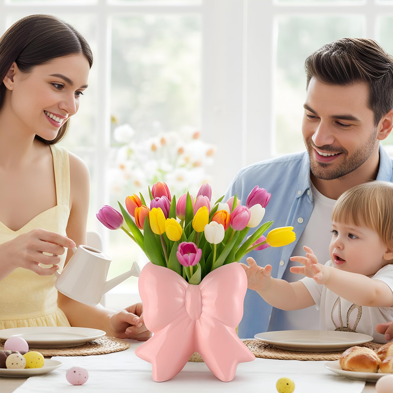 Jingmore Pink Bow Vase Coquette Ceramic Vase Pen Holder 7.09 x 7.09 x 3.35 in Big Makeup Brush Holder Contemporary Design Decora