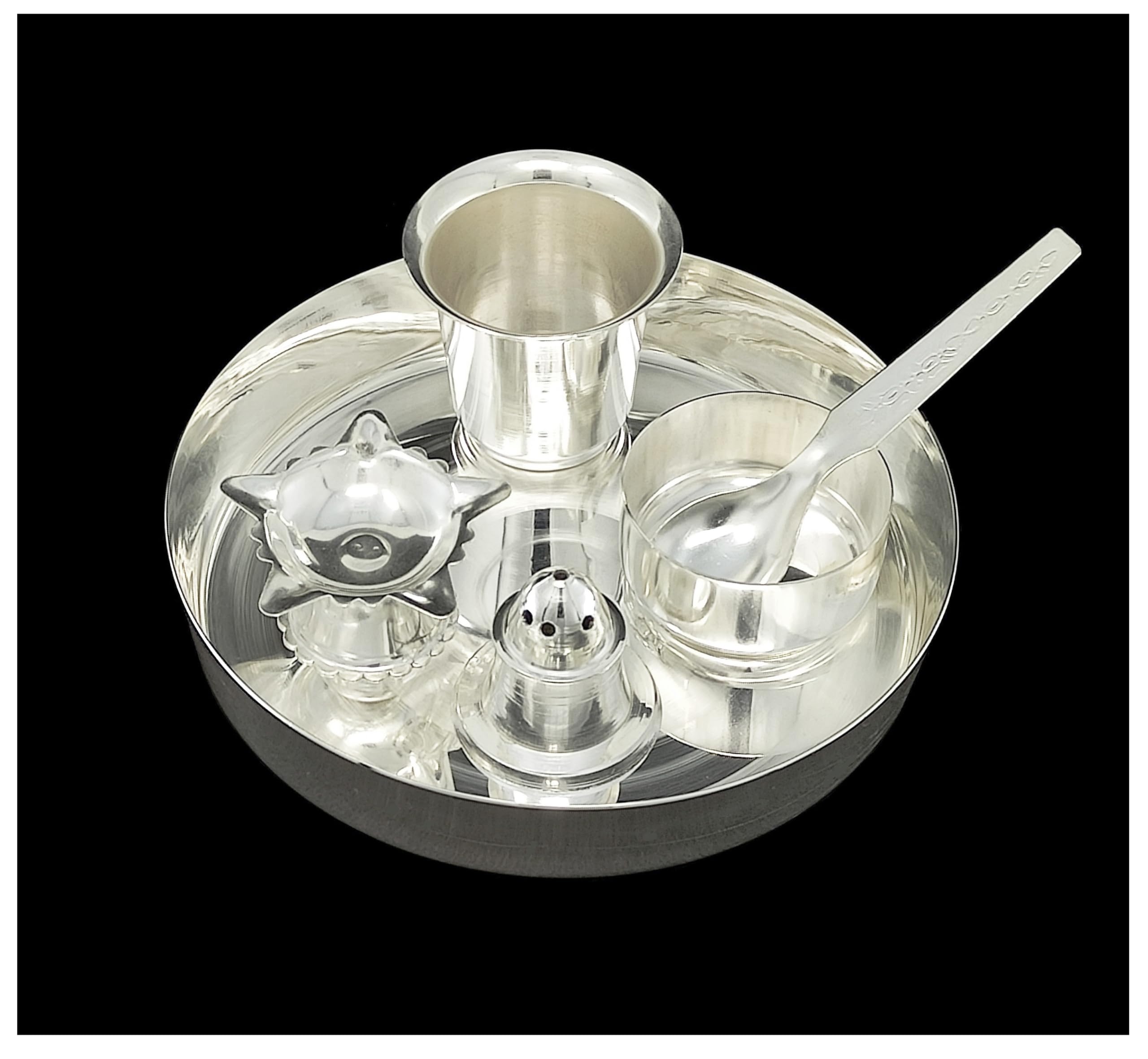 BENGALEN Silver Plated Pooja Thali Set 5 Inch Plate Diya Glass Agarbatti Stand Bowl Spoon Occasional Puja Decorative for Home Ma