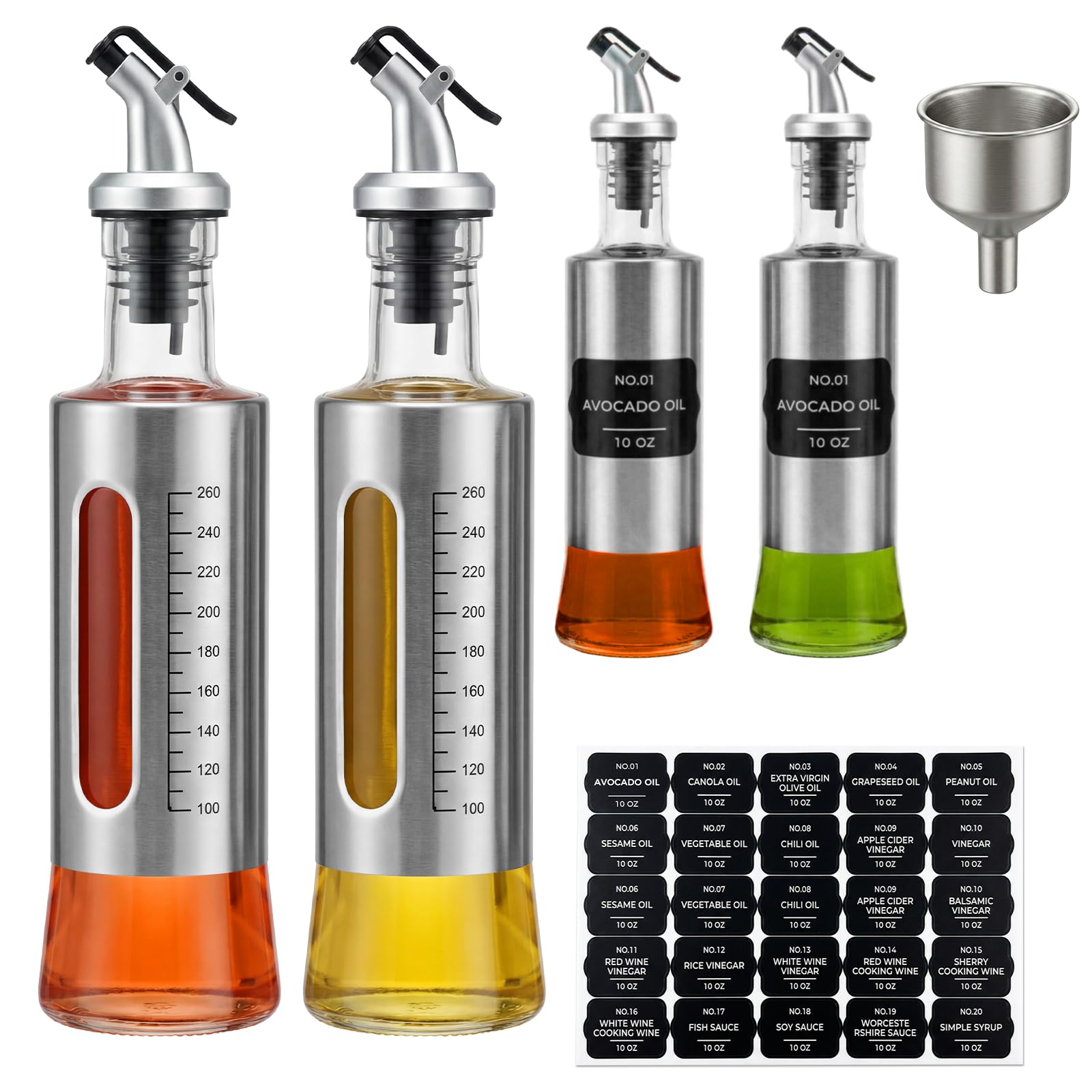 LIONTOTO Olive Oil Dispenser for Kitchen, 4 Pack 10oz/300 ML Cooking Oil and Vinegar Dispenser Set with 20 Labels Stainless Stee