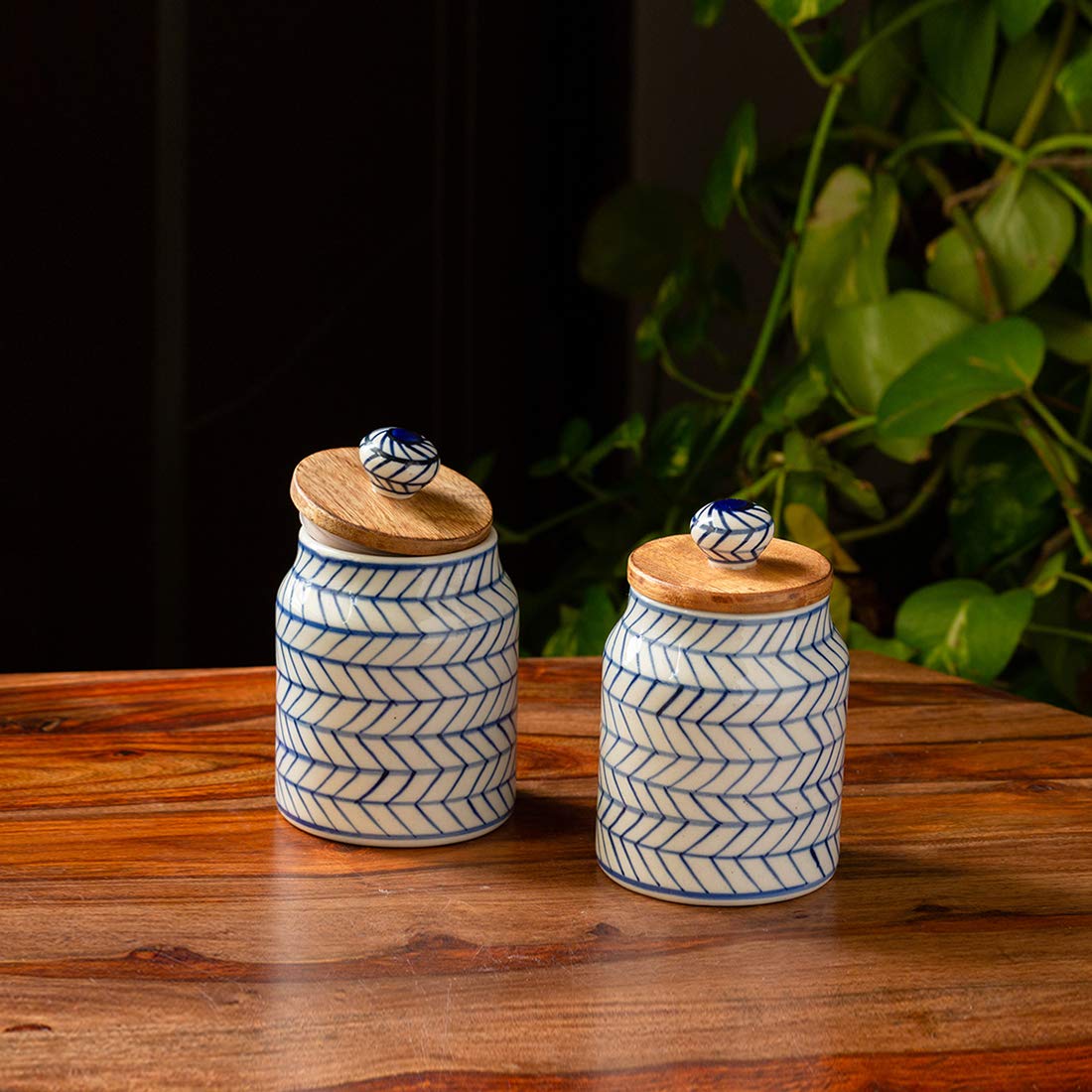 Exclusivelane Indigo Chevron Multiutility Storage Ceramic Jar For Kitchen Storage With Wooden Lid (Airtight, 600 Ml) | Ceramic