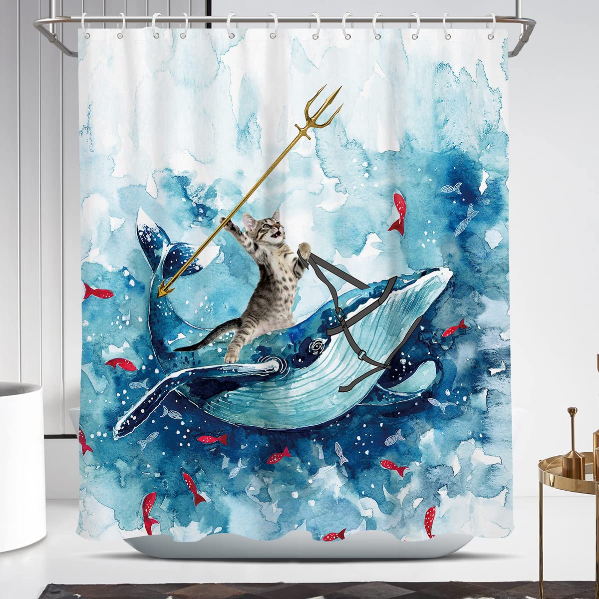 Coxila Funny Cat Shower Curtain Riding Whale Ocean Cute Fun Cool Kids Anime Nautical Beach Theme Sea Wave Beach Fish Hilarious B