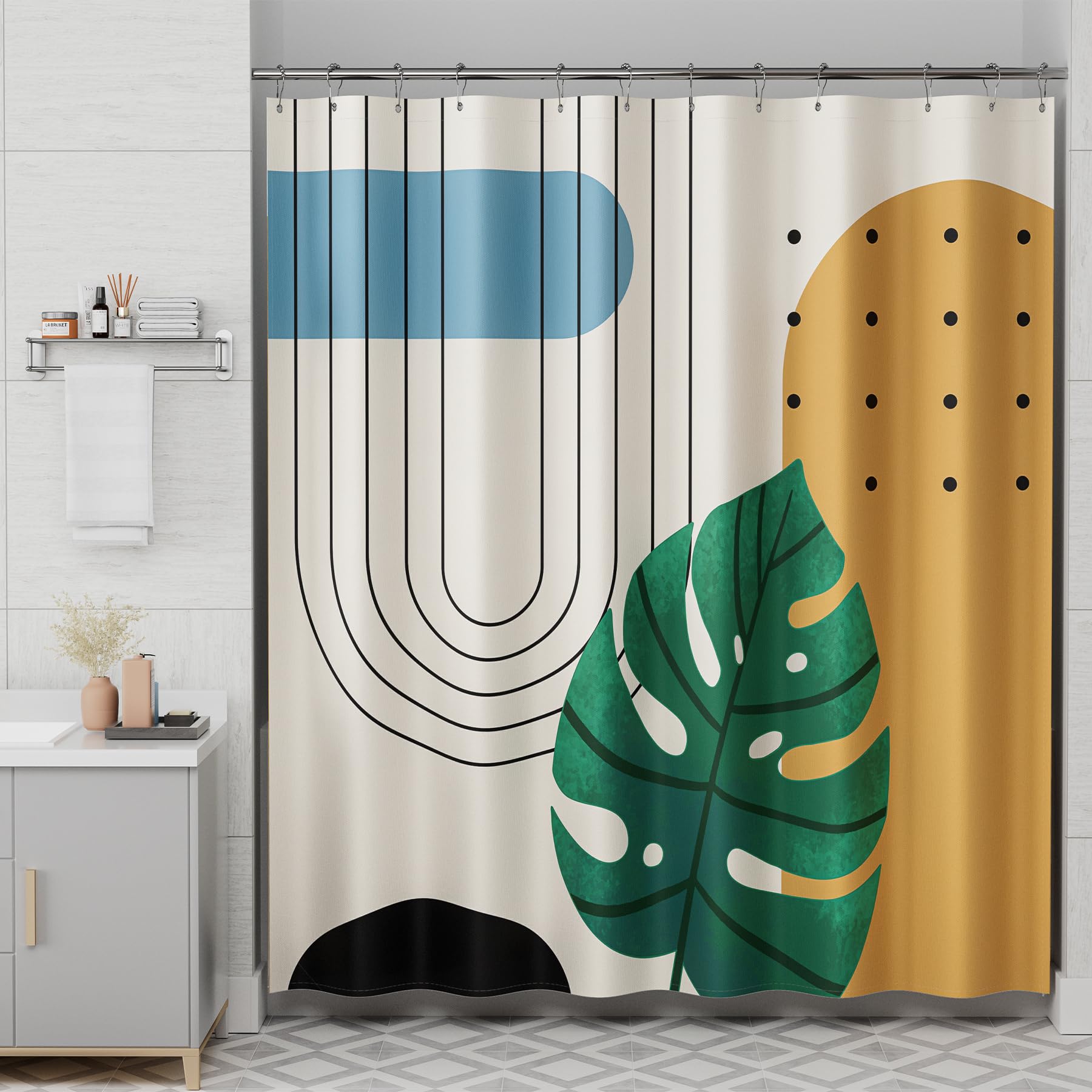 Amazerbath Boho Shower Curtain, Beige And Brown Abstract Cloth Shower Curtain With 12 Metal Hooks, Luxury Washable Farmhouse Pol