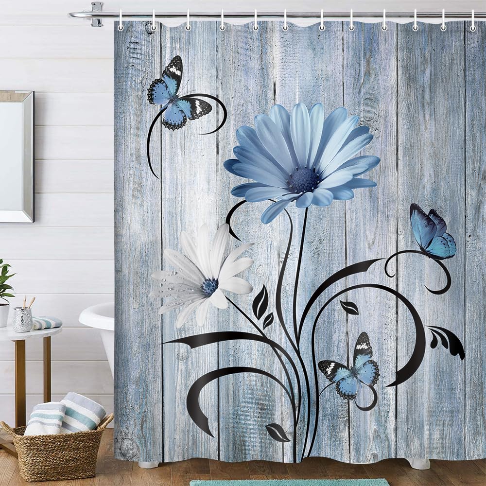 Rustic Farmhouse Floral Shower Curtain, Farm Boho Blue Daisy Flowers And Butterfly On Country Wooden Shower Curtain For Bathroom
